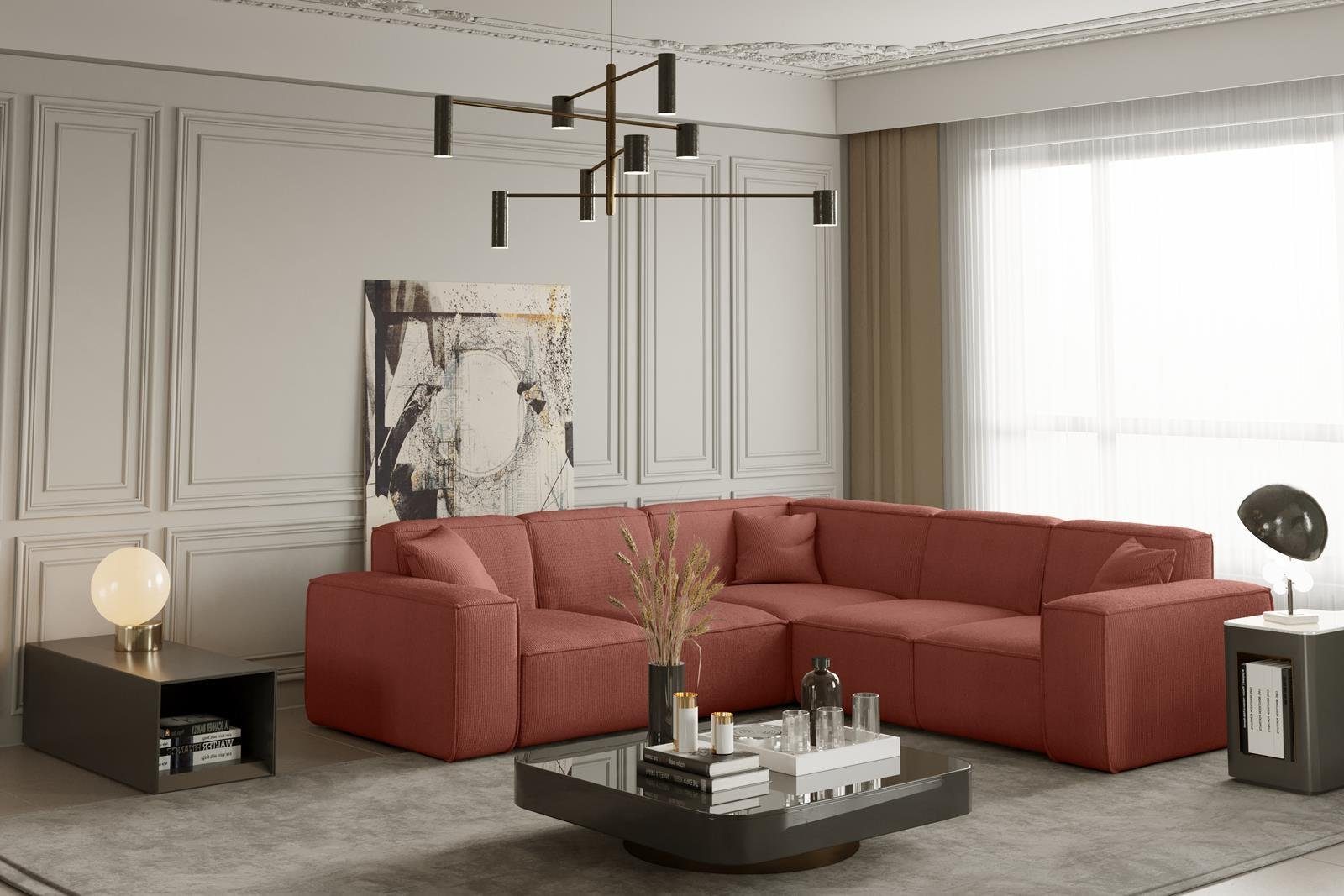 Beautysofa Ecksofa Lugano, Corner Ecke für Wohnzimmer, mit Wellenunterfederung, im modernes Design, Polsterecke aus Veloursstoff