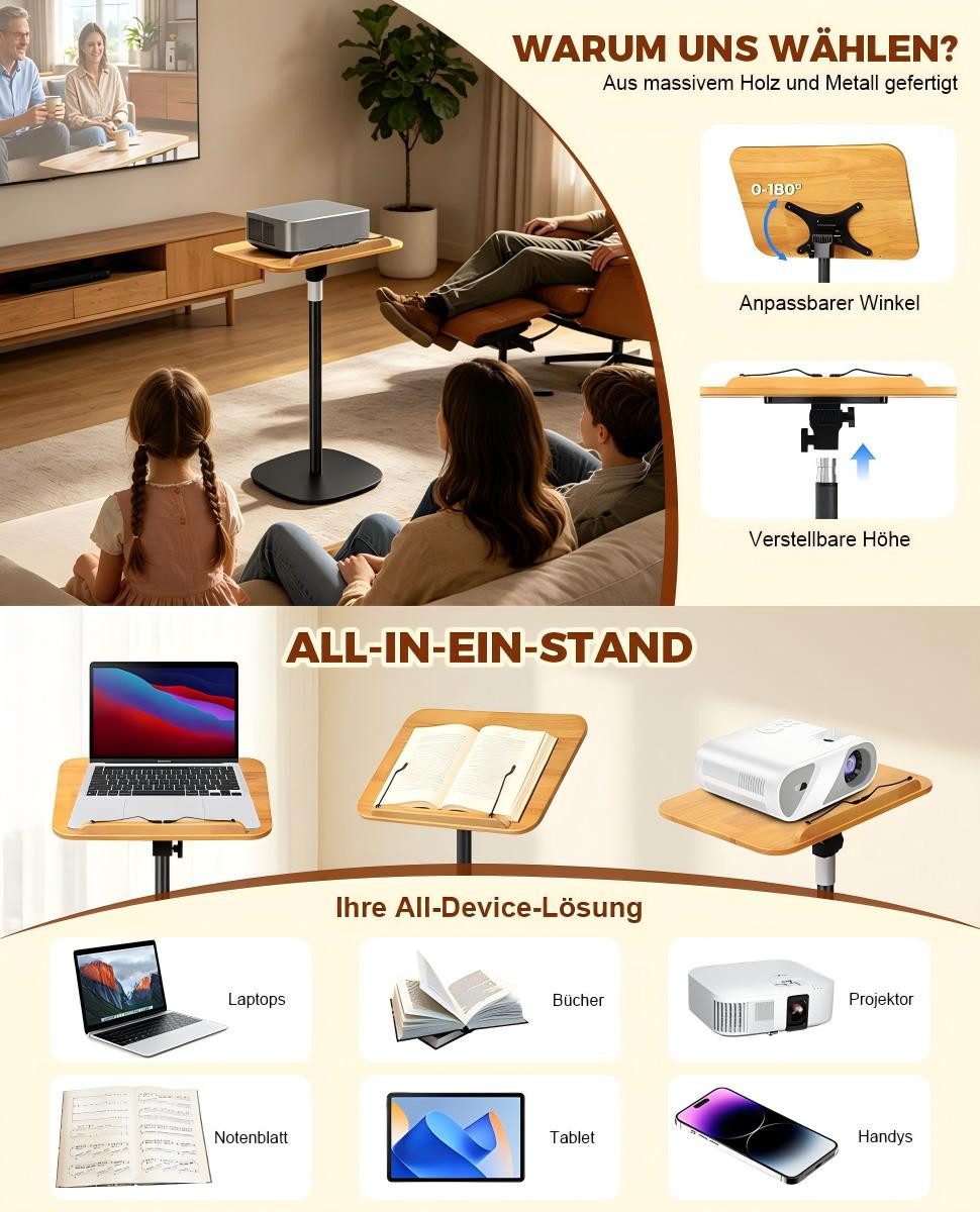 PRIISF Buchstütze 3in1 Buchständer Höhenverstellbar Buchhalter 50-130cm für Boden Tisch (mit XXL-Platte 180°-Neigung Holz Leseständer mit Papierclips, Beweglich – Bild 3 von 5