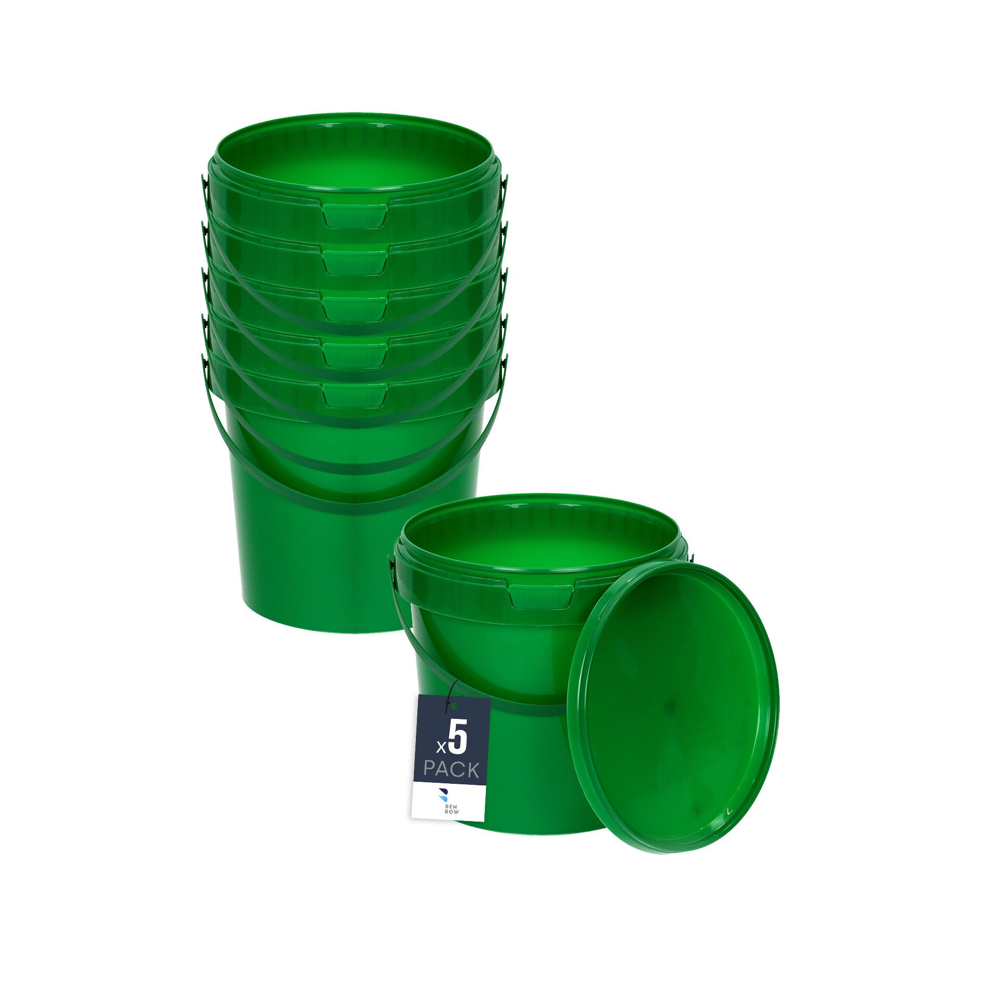 BENBOW Aufbewahrungssystem Eimer mit Deckel 30 20 10 1 0,5 L Grün Lebensmittelecht Eimer, Polypropylen - Lebensmittelecht, Geschmacksneutral, Auslaufsicher, (5-tlg., PZH-, BRC- und DIN-ISO-zertifiziert), für Lebensmittel, Farben, Chemikalien