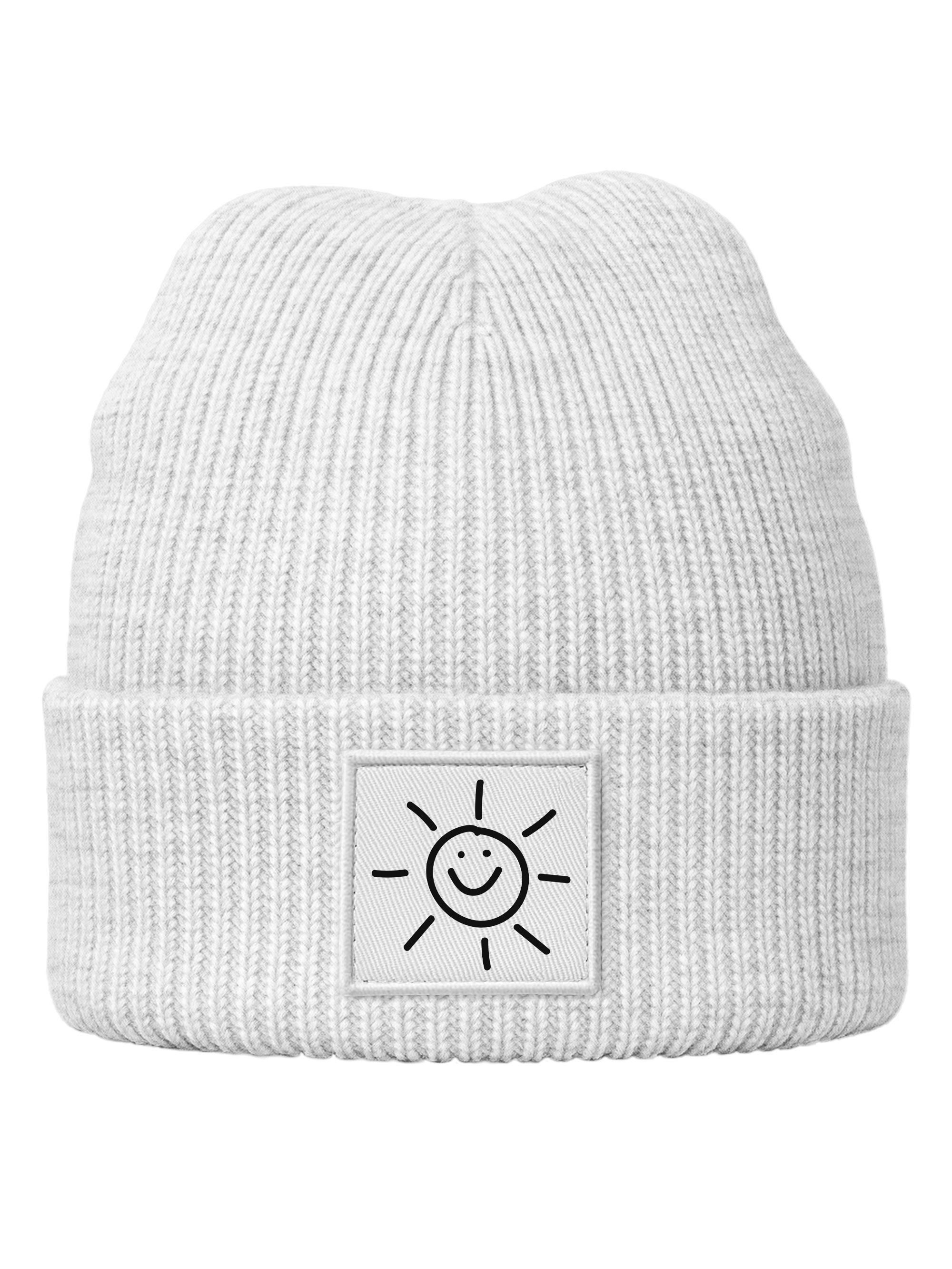 Strickmütze Beanie Patch Smile Sonne Aufdruck Positive Vibes Print Wintermütze