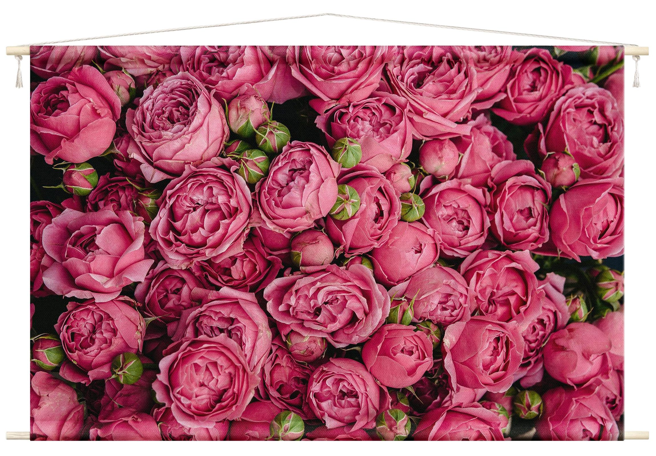 Bilderdepot24 Wandteppich modern Blumen Rosen pink, rechteckig, Höhe: 2.6 mm, großes Wandbild aus Natur-Baumwolle Wandbehang Stoffbild Tuch Wollseil