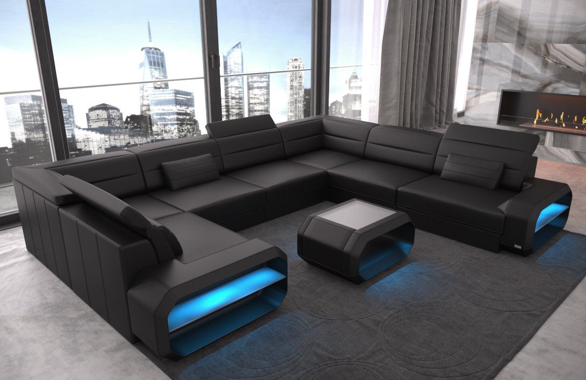 Sofa Dreams Wohnlandschaft Verona - U Form Ledersofa, Couch, mit LED,  wahlweise mit Bettfunktion als Schlafsofa, Designersofa