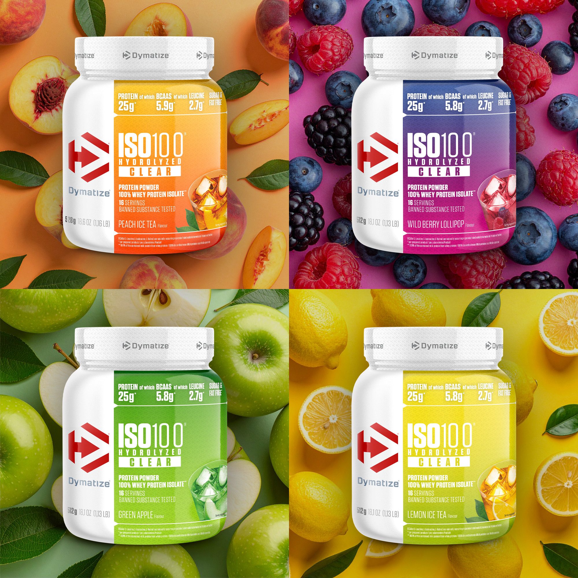 Dymatize 2er-Set ISO 100 Hydrolyzed Clear Whey Protein Green Apple & Lollipop Pulver, 1024 g