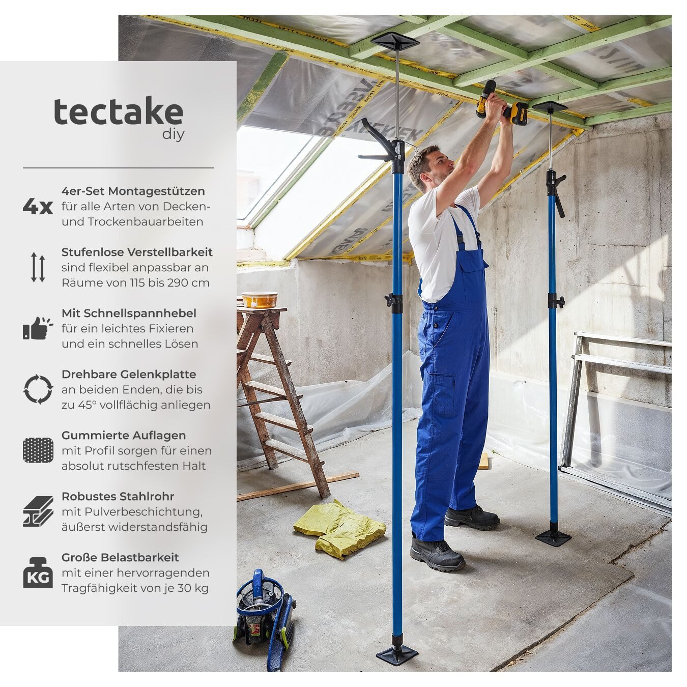 tectake Montageklemme 4er-Set Teleskopstütze, rutschfeste Auflageplatten mit Kugelgelenk, B: 7,00 cm, L: 18,00 cm, (Deckenstütze, in blau), Mit Schnellspannsyst – Bild 2 von 5