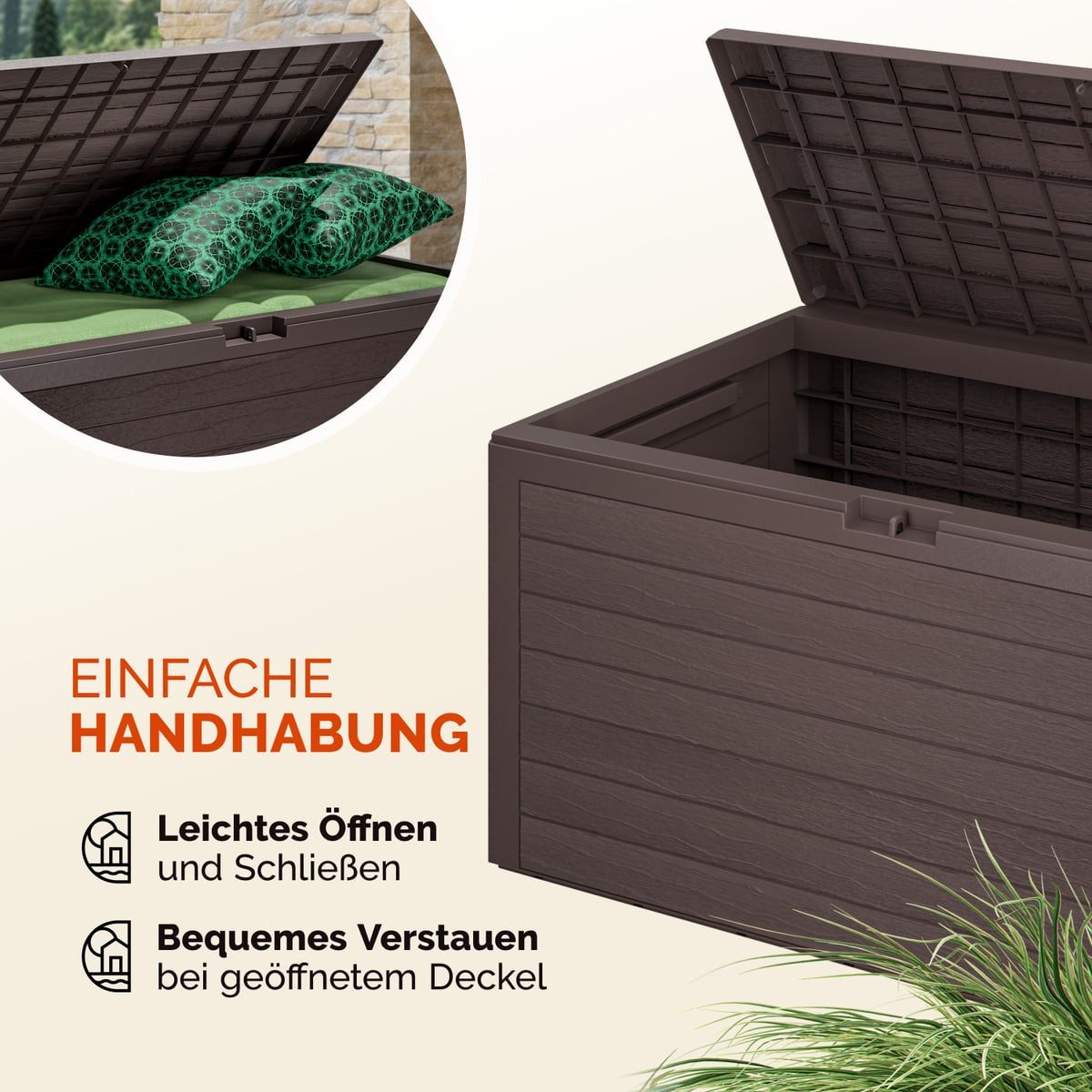 Casaria Auflagenbox Woody, 280L wetterfest UV-beständig abschließbar Griffmulden Holzoptik Braun – Bild 5 von 5