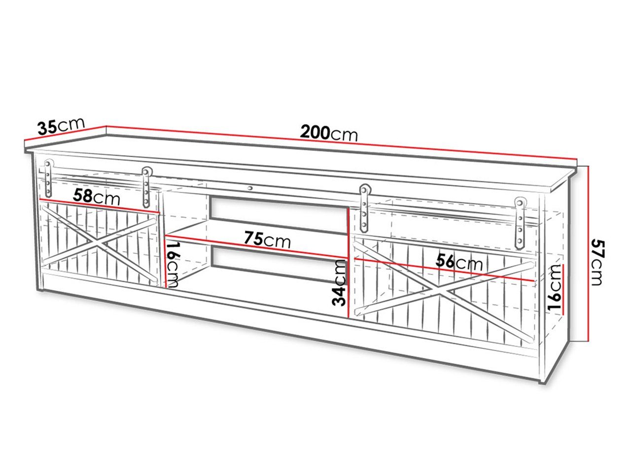 Schiebetüren) Schwarz TV-Schrank (mit Hochglanz / 200x35x57 2 Granero 200 Mirjan24 cm Schwarz