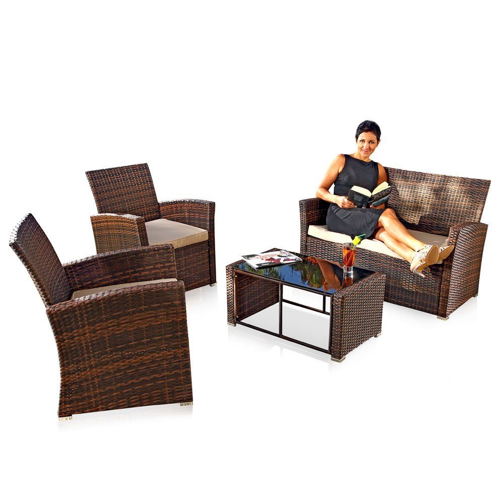 Melko Sitzgruppe Sitzgarnitur Sitzgruppe Polyrattan in Braun Beige Gartenmöbel Set 4 tlg. Lounge, (Set, 4-tlg), Polyrattan