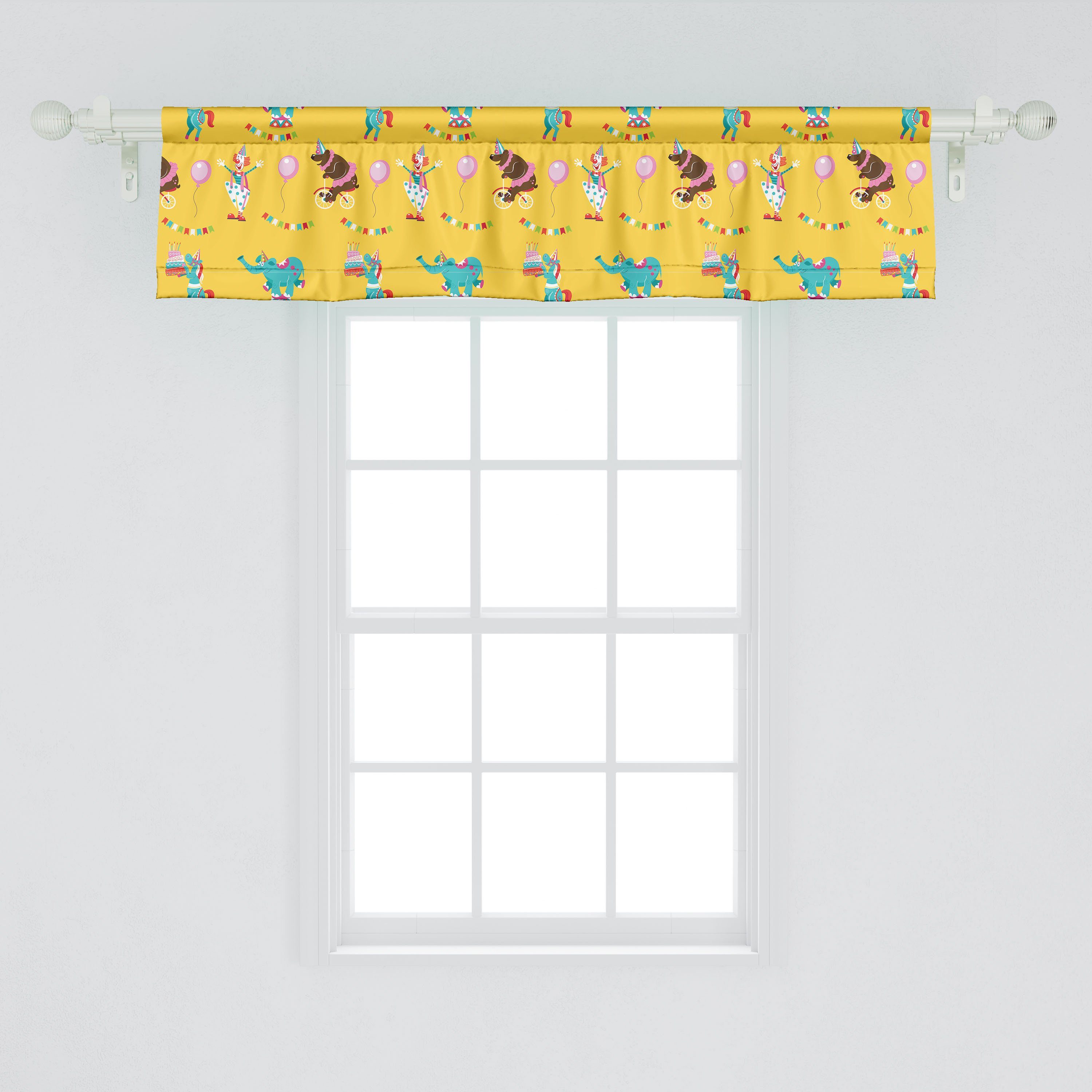 Scheibengardine Vorhang Volant für Küche Schlafzimmer mit Geburtstags-Party-Zirkus Microfaser, Abakuhaus, Clown Dekor Stangentasche, Tiere