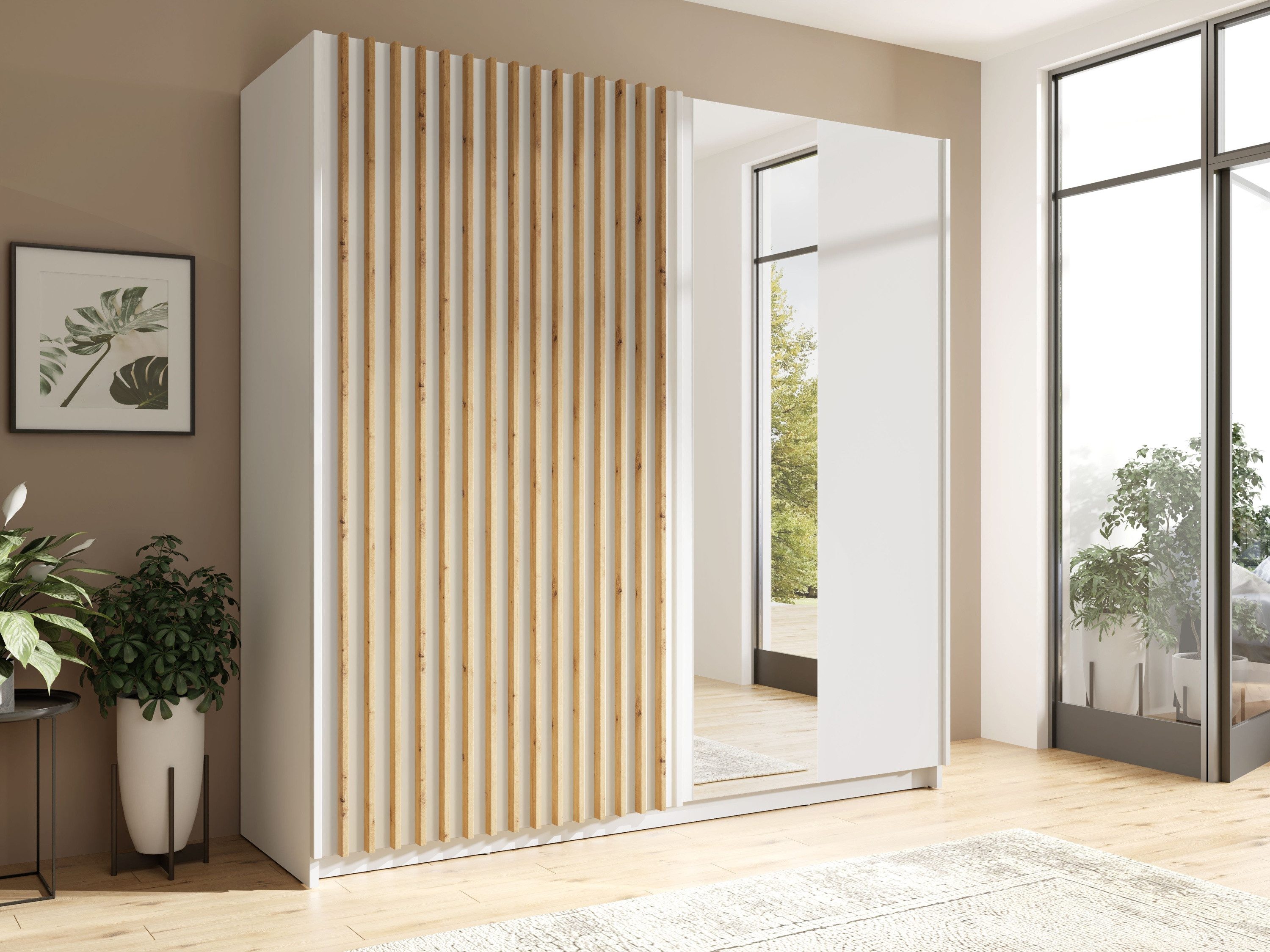 Raumhirsch Furniture Kleiderschrank Garderobenschrank, Schwebetürenschrank, Schrank mit Spiegel (Maße: 200,2 x 55 x 198,5 cm, einfache Montage, stabile Konstruktion) Schiebetüren, Lamellen, Kleiderstange