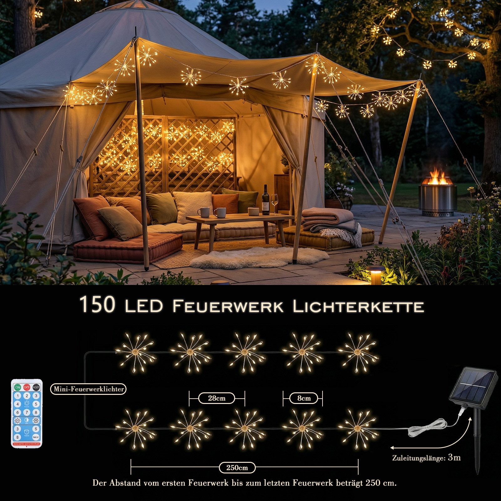 Salcar LED Solarleuchte LED Feuerwerk-Lichterkette Außen Solar Gartenleuchte Weihnachtsdeko, 10 Feuerwerk-Lichterkette 150 LED, 8 Modi, mit Fernbedienung