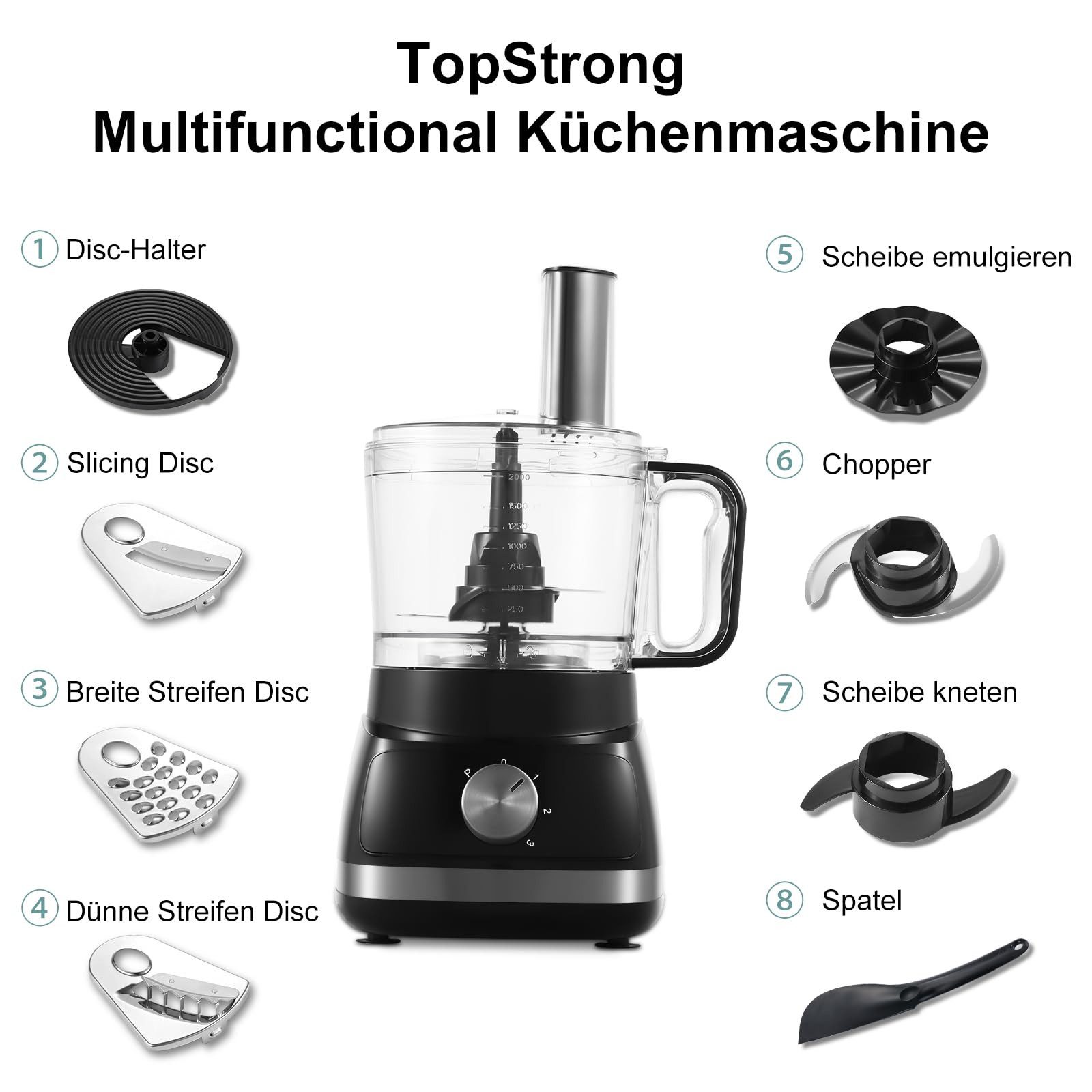 SNDOAS Küchenmaschine, 800 W, 2 l Schüssel, Mixer & Zerkleinerer mit 3 einstellbaren Geschwindigkeiten