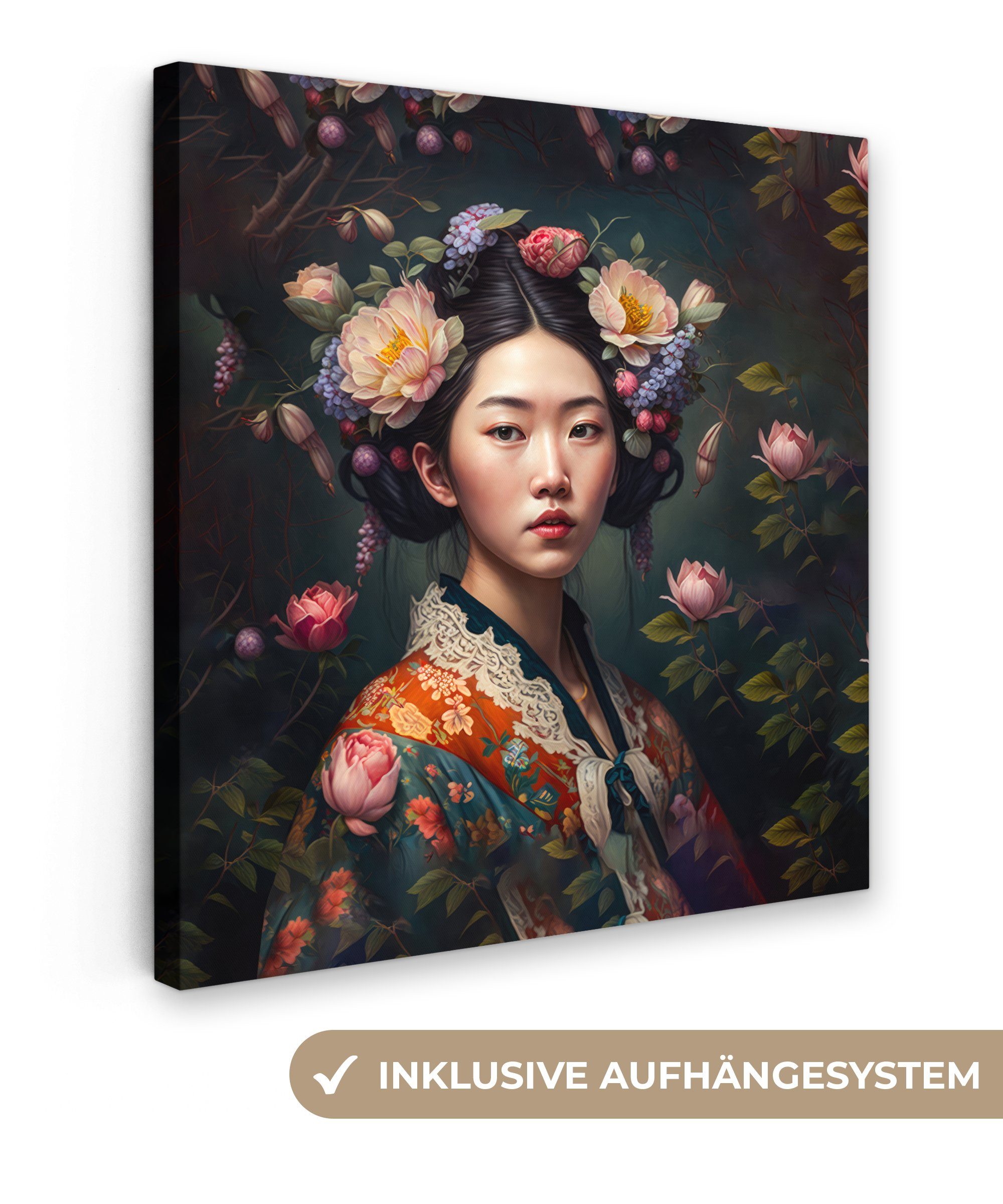 OneMillionCanvasses® Leinwandbild Frau - Blumen - Kimono - Porträt - Asiati günstig online kaufen