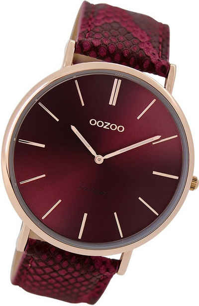 OOZOO Quarzuhr Oozoo Damen Armbanduhr Vintage Analog, Damenuhr Lederarmband rot, rundes Gehäuse, groß (ca. 44mm)