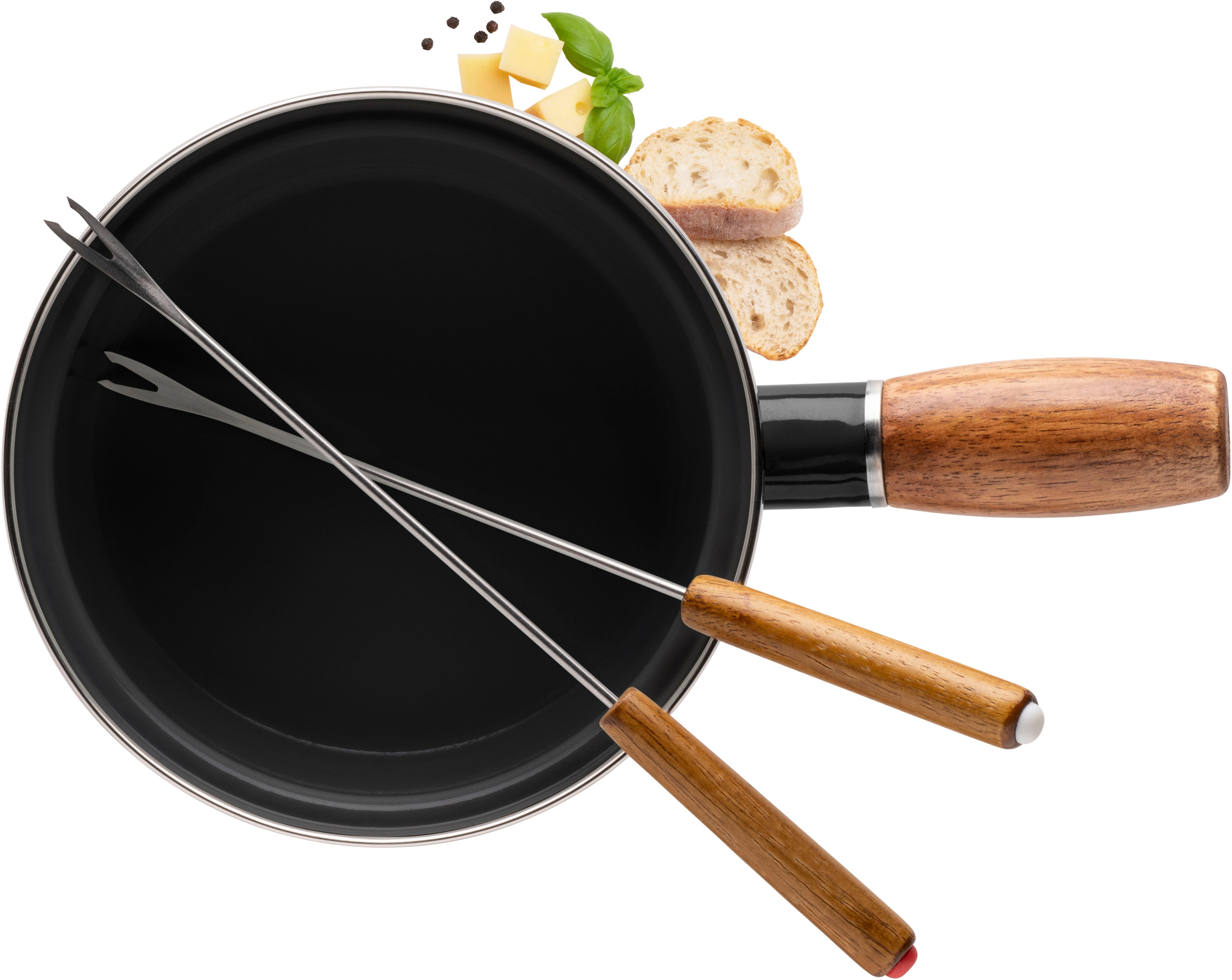 MÄSER Fonduetopf aus schwarzer Emaille, Edelstahl 18/0 (Set, 5-tlg), inkl. einem Rechaud, 2 Fonduegabeln und einem Brenner