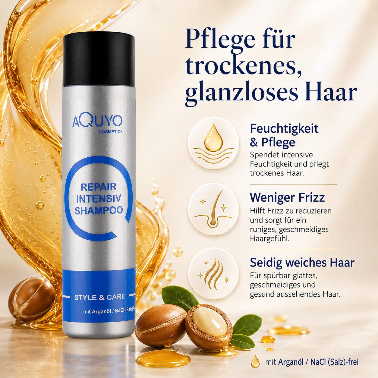AQUYO Cosmetics Kopfhaut-Pflegeshampoo Arganöl Shampoo für geschädigtes, poröses oder strapaziertes Haar