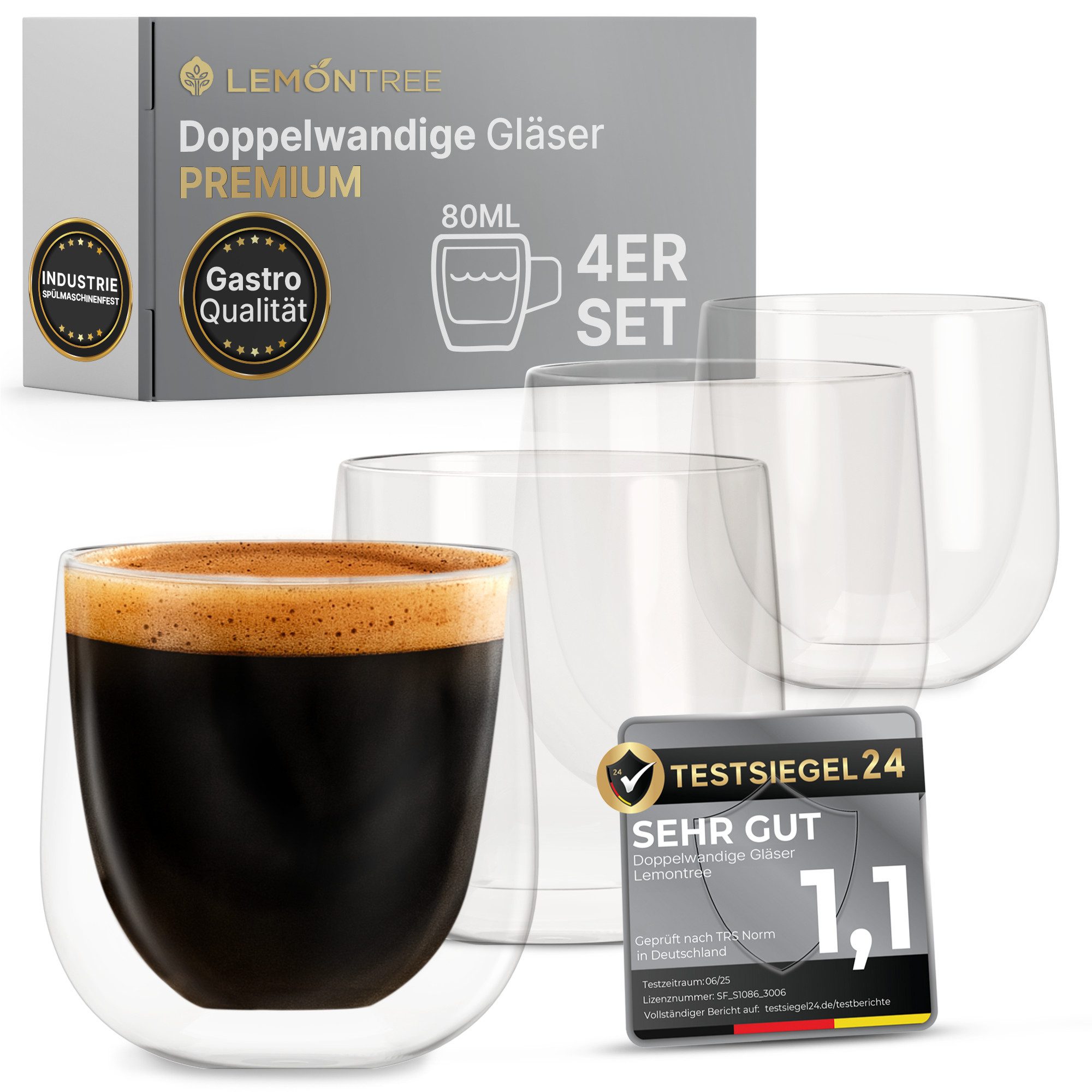 Lemontree Thermotasse 4er Set Cappuccino Tassen - Latte Macchiato Gläser doppelwandig, 180 Grad spülmaschinenfest und hitzebeständig - Gastronomie Qualität