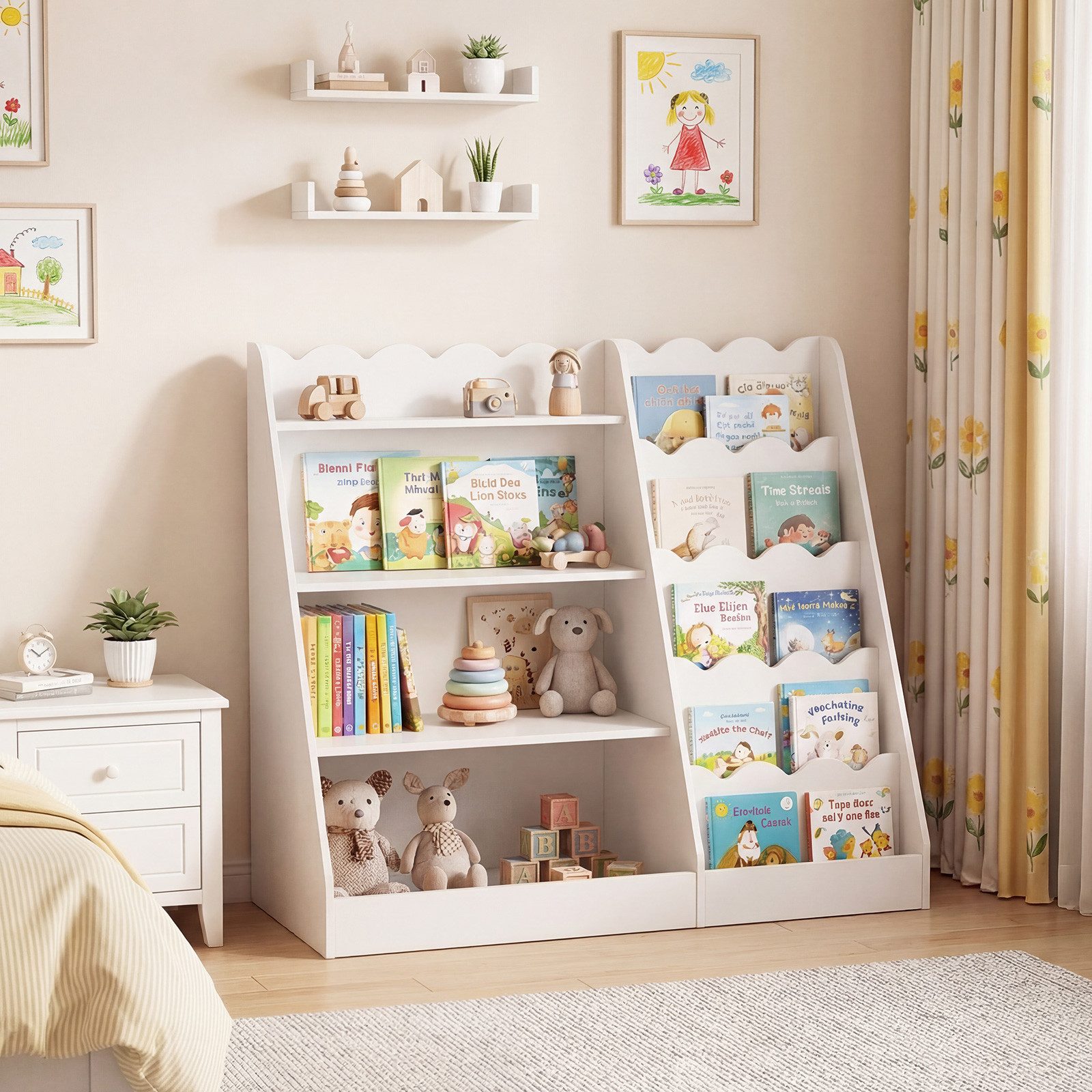 COSTWAY Kinderregal, 5 stufiges, mit 4 offenen Ablagen & verstecktem Ablagefach