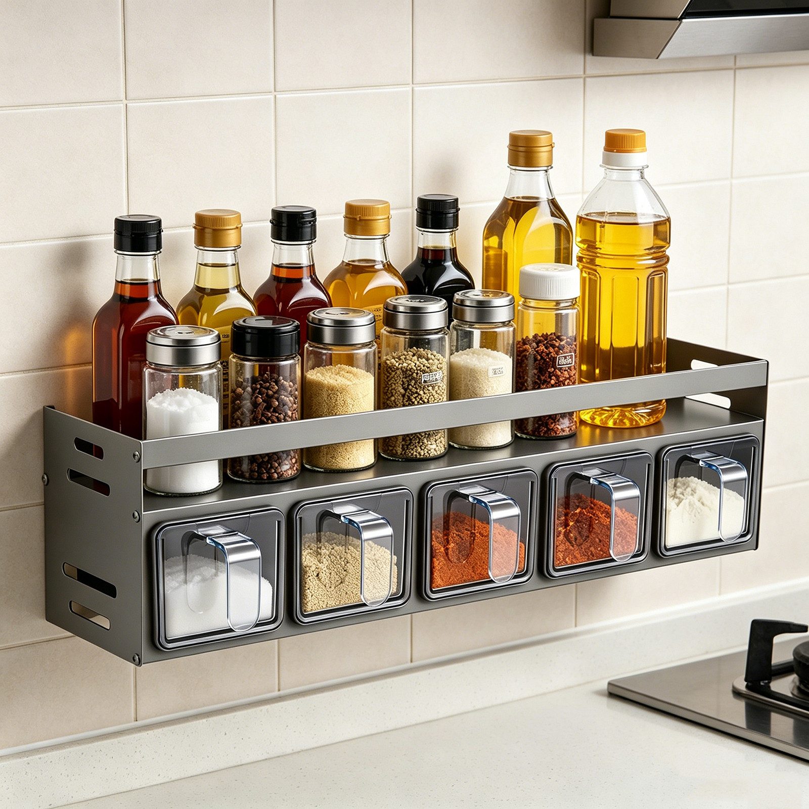 BlingBin Gewürzbehälter Stehend & Wand Gewürzregal, Gewürzhalter mit 5 Gewürzdosen & Löffeln, Aluminium, (1er Set, 1-tlg., Produktabmessungen: 43,5 cm (T) x 10,5 cm (B) x 11,7 cm (H), Gewürz-Organizer für Küchen Arbeitsplatte Schrank, Küchengewürze