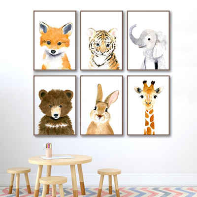 Pippolipo Bild, (6er Set), Poster Kinderzimmer Deko Babyzimmer Wohnzimmer A4 Kinderposter Kinderbilder Tiere Tiermotive Waldtiere für Kinder Junge Mädchen, Modell A4P3