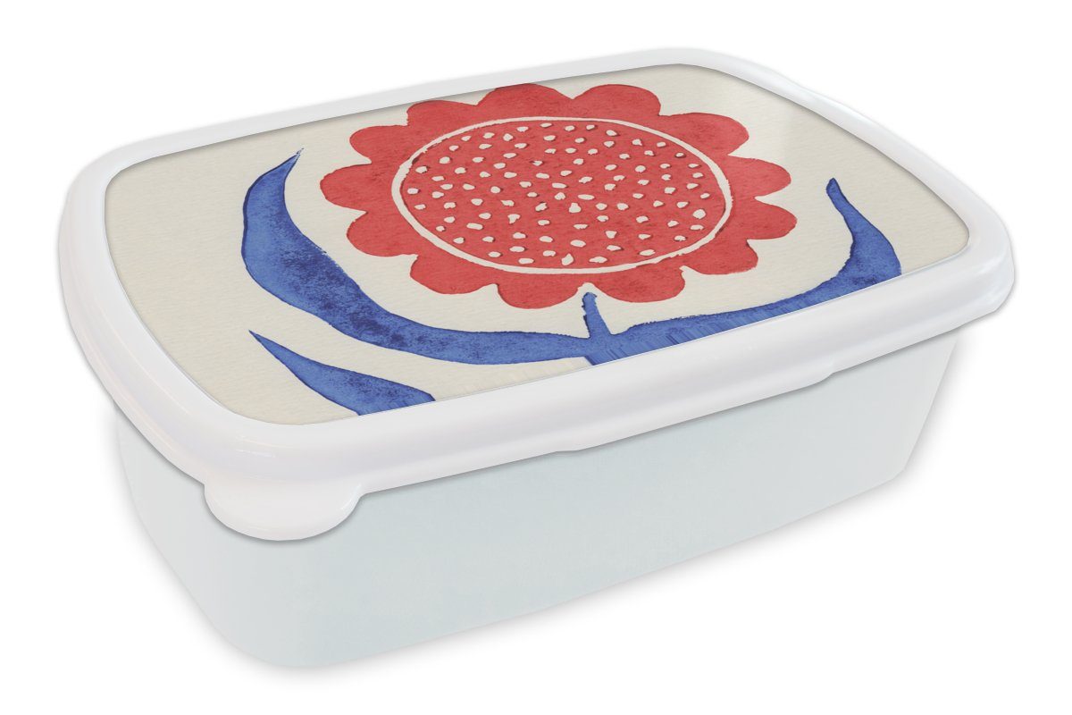 MuchoWow Lunchbox Blume - Pflanze - Rot - Blau, Kunststoff, (2-tlg), Brotbox für Kinder und Erwachsene, Brotdose, für Jungs und Mädchen weiß