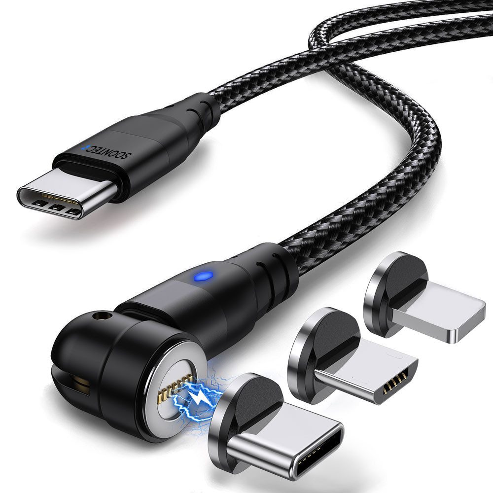 SOONTEC Magnet Ladekabel 1 Meter/ 2 Meter Fast Charge 60W PD magnetisches Ladekabel, Lightning-Geräte, USB-C-Geräte, Mikro-USB-Geräte, USB-C (100 cm), 3 in 1 Fast Charge Magnetladekabel