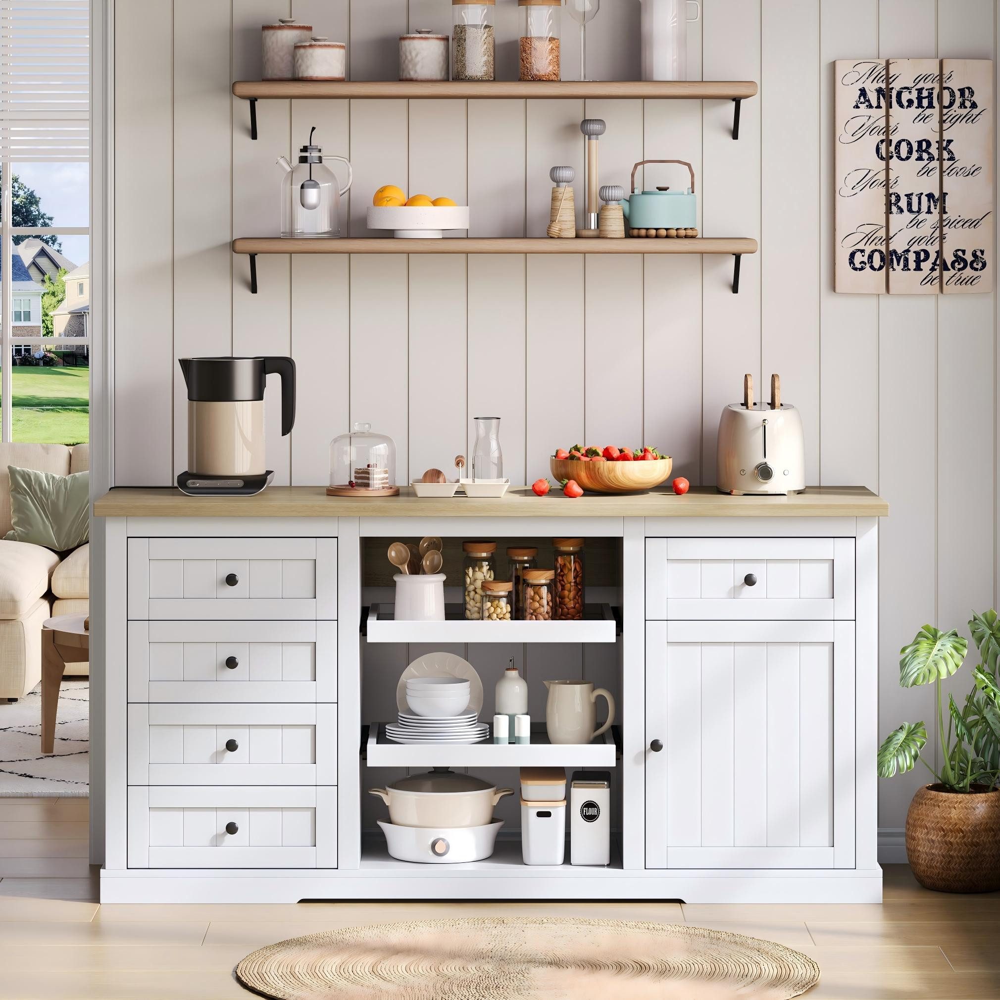 Flieks Küchenbuffet Kücheninsel mit Steckdosen und erweiterbaren Arbeitsplatte Weiß (B150/T45-65/H75,5 cm, 1-St., Schrank mit verstellbaren Einlegeböden) Küchen – Bild 3 von 5