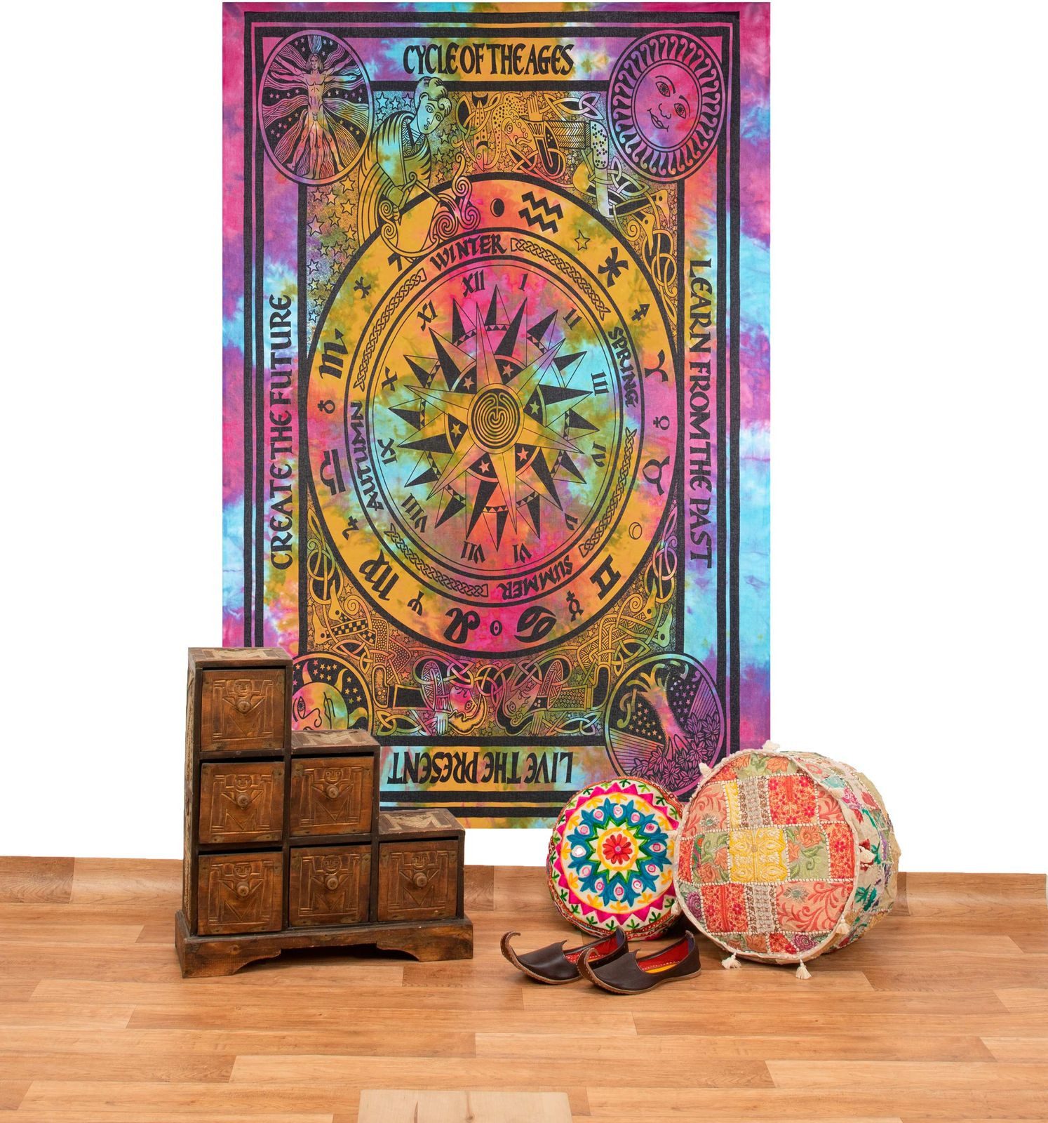 KUNST UND MAGIE Wandteppich Astrologie Tagesdecke Wandbehang Bunt Deko TuchCycle of the Ages Goa