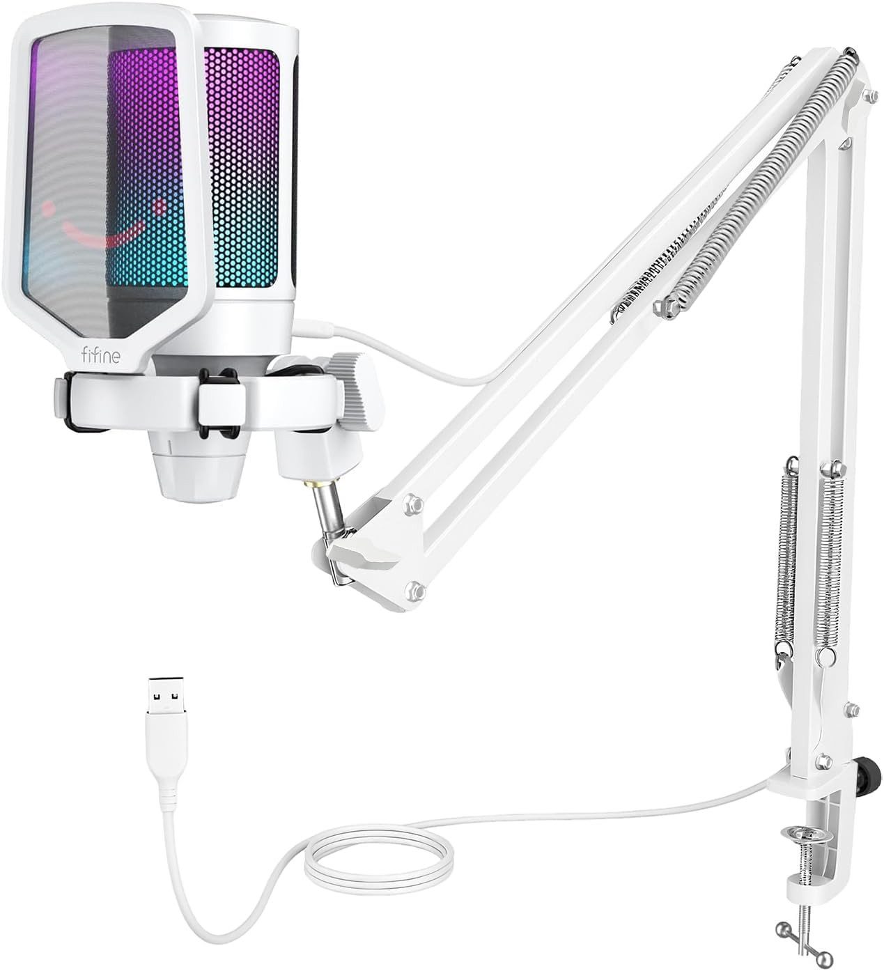 FIFINE Mikrofon USB Mikrofon Streaming mit Arm Kondensator Mikrofon Set PC Gaming RGB, Stummschalttaste, Popfilter und Stoßdämpferhalterung, Weiß