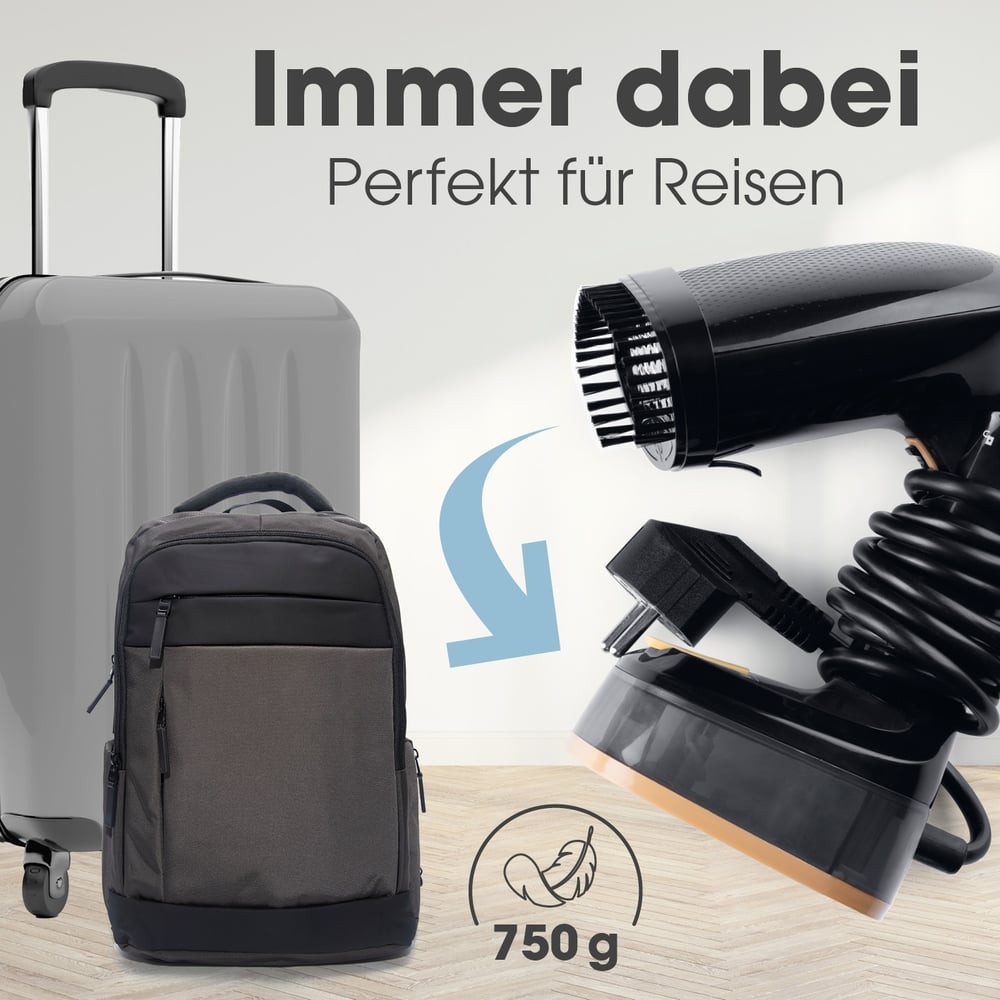 CLEANmaxx Dampfbürste faltbar 1600W schwarz 165ml Tank, 1600 W, Dampfglätter für Kleidung, Mit 2in1 Funktion – Bild 4 von 5