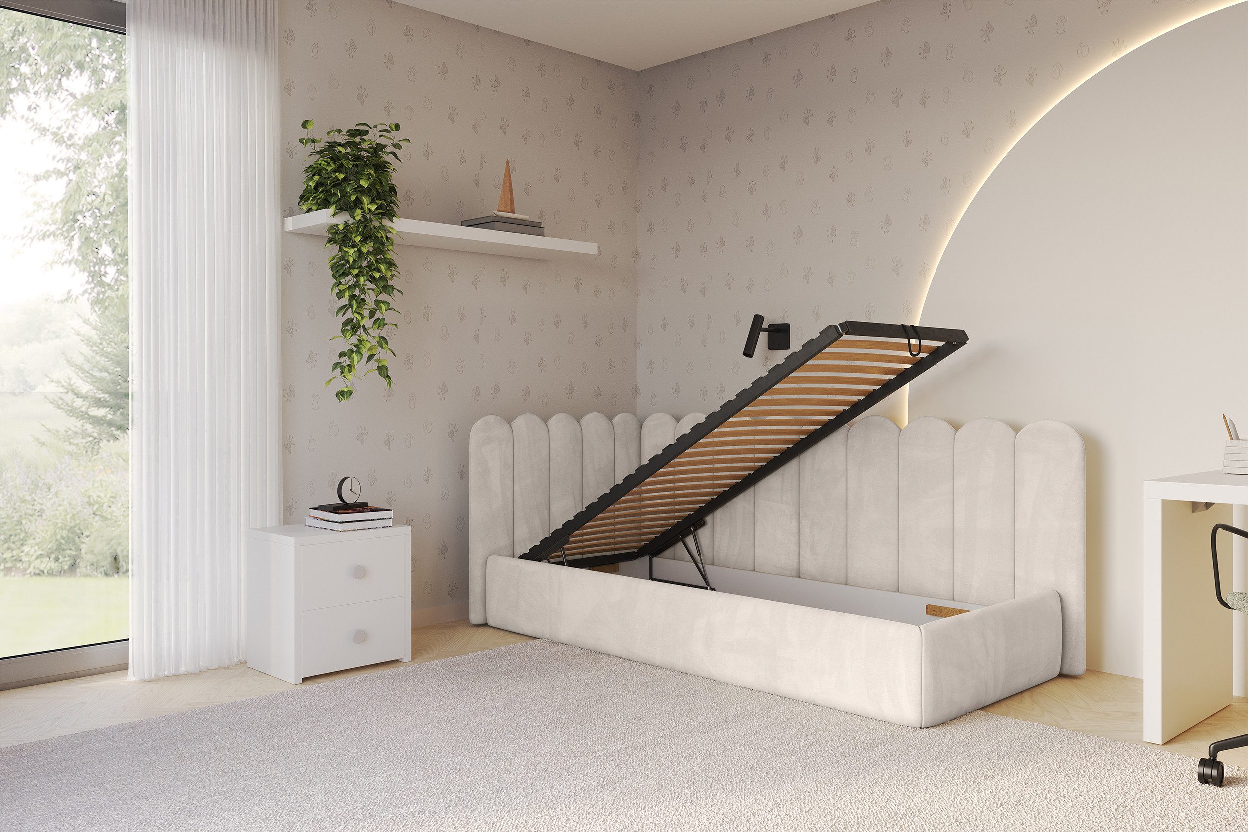 ALTDECOR Jugendbett ARTY (Jugendbett mit Bettkasten und Lattenrost, Polsterbett ohne Matratze), Einzelbett mit Stauraum, Bett mit Kopfteil