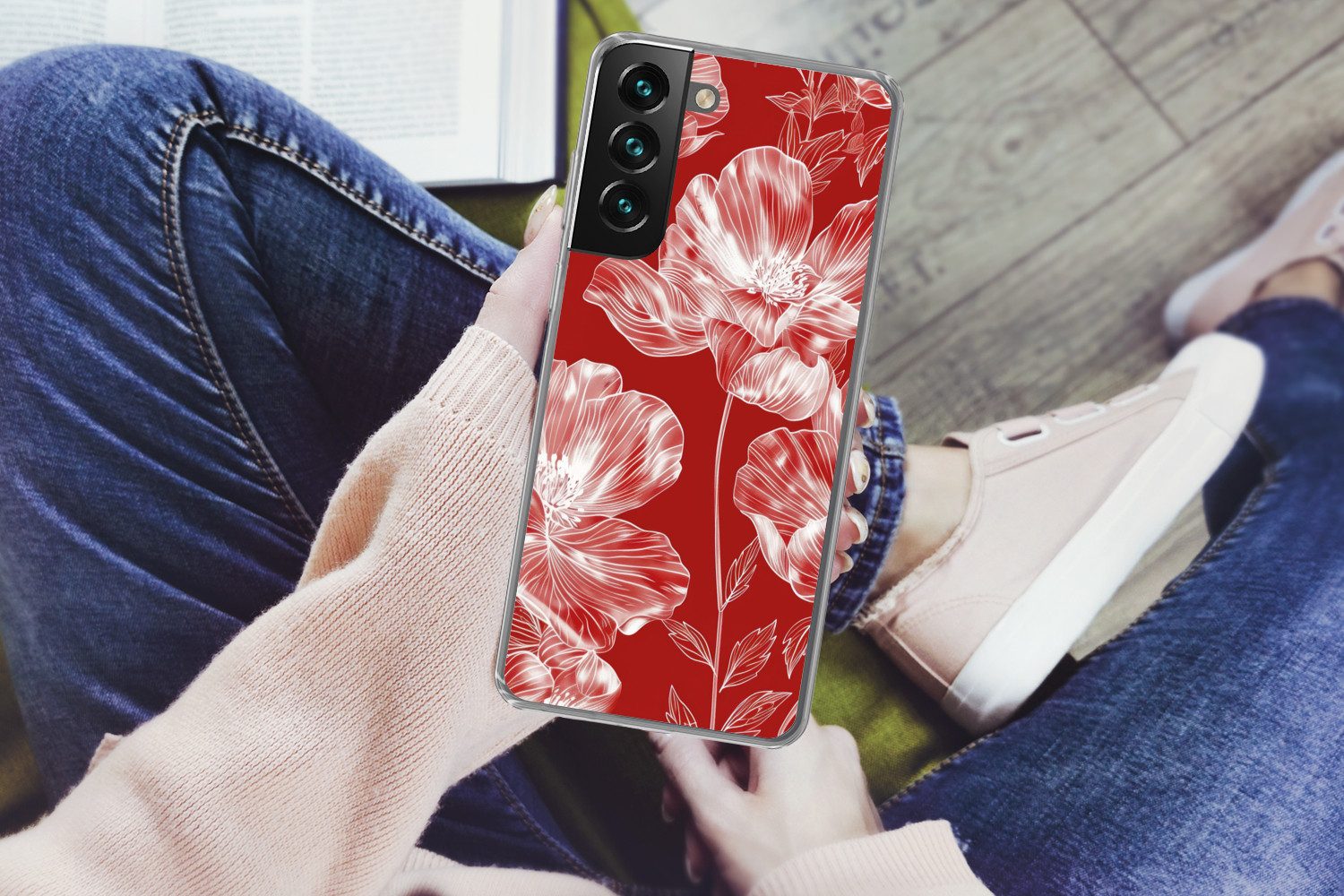 MuchoWow Handyhülle für Samsung Galaxy S22 Blumen - Muster - Rot - Weiß, Phone Case, Silikon, Schutzhülle Dünn