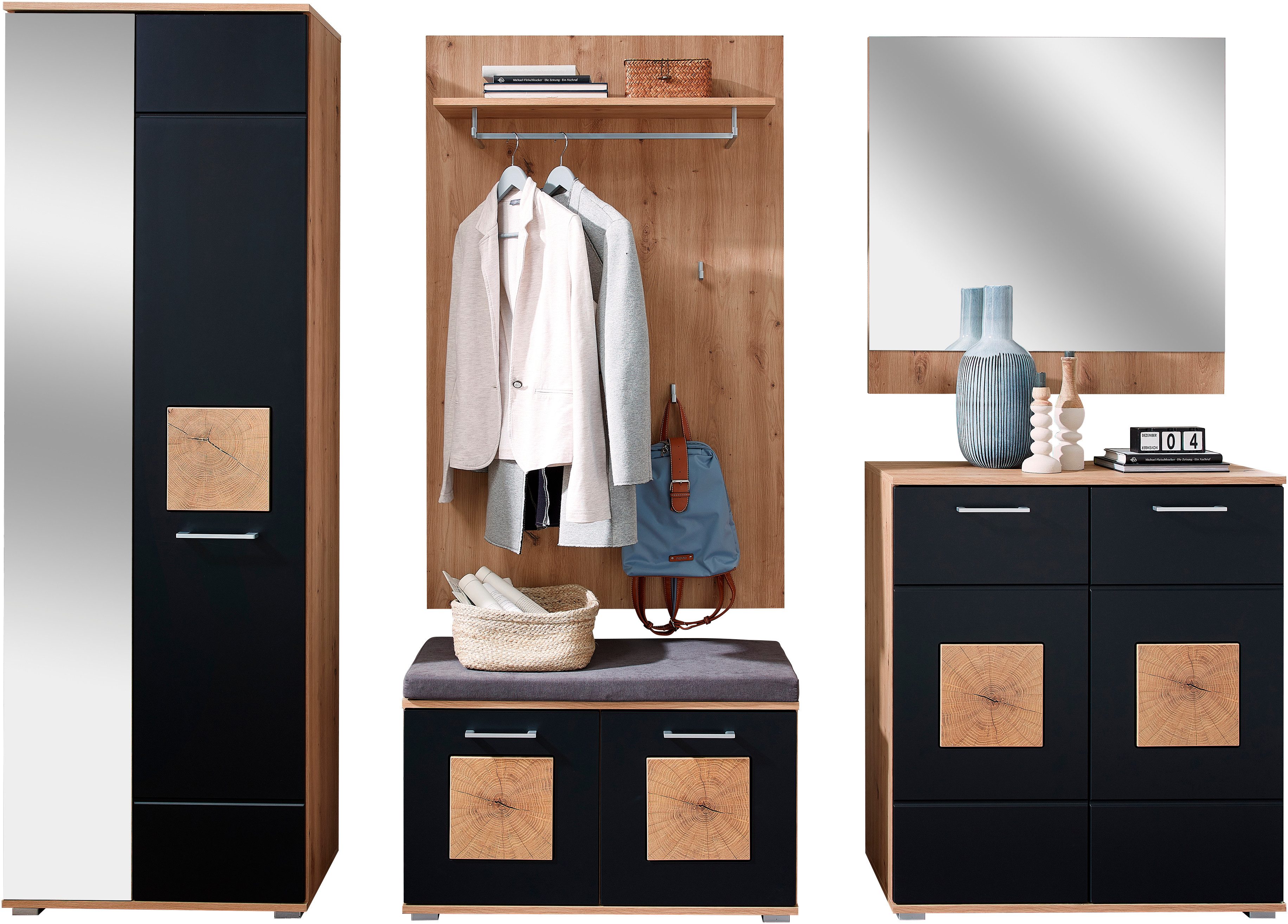 Innostyle Garderoben-Set Fun Garderoben Set, 263x195x38cm (B/H/T), (1-St), besteht aus 5 Typen,Spiegeltür,Sitzkissen