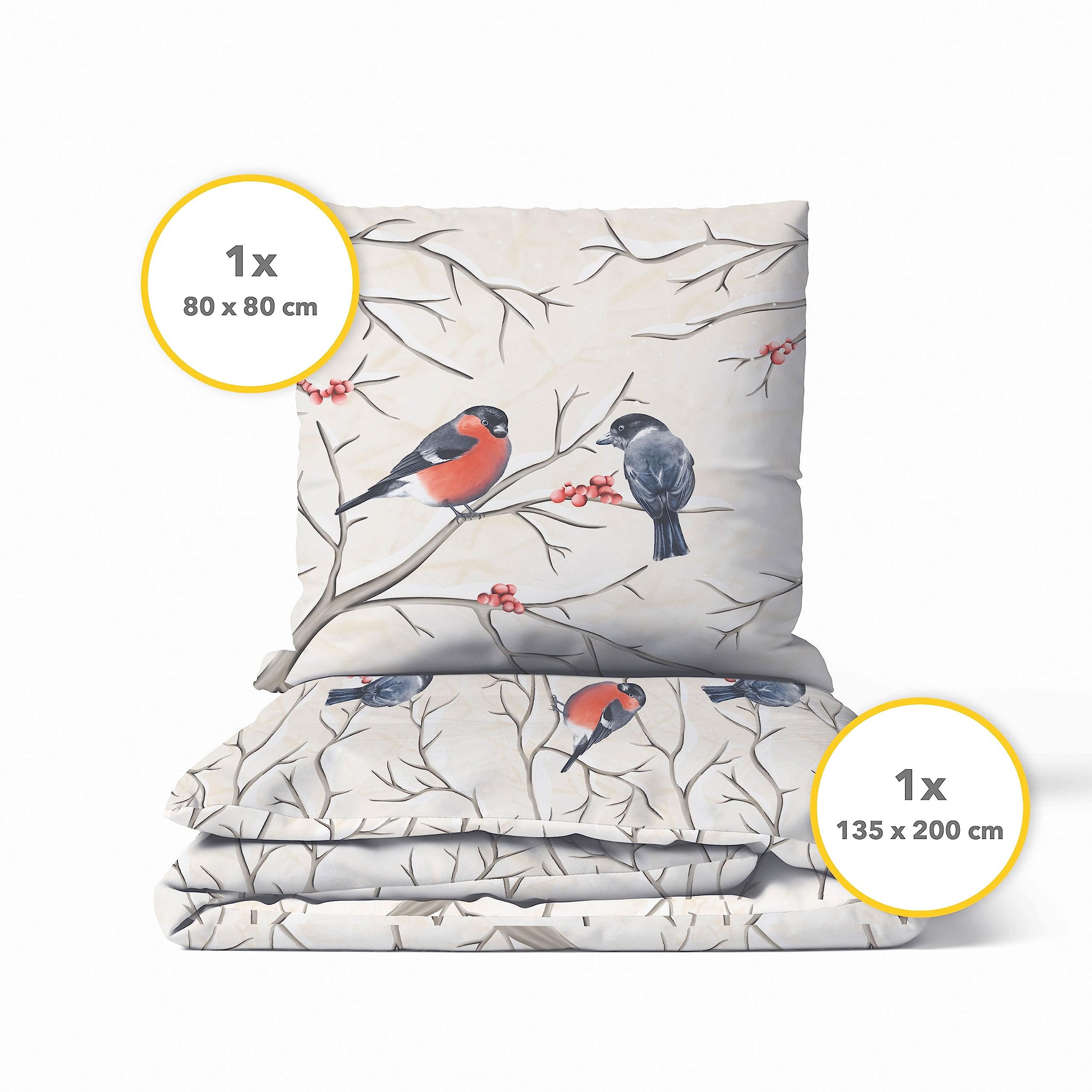 Träumschön Bettwäsche Biber 135x200 cm Creme Beige - Wintervogel Motiv, Biber, 2 teilig, mit Reißverschluss, 100% Baumwolle, kuschelig warm im Winter – Bild 3 von 5