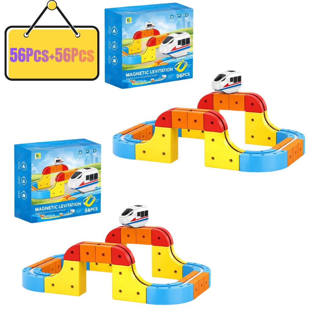 Goldstern-Tech Spielzeugeisenbahn-Set Magnetische Zugbahn Baukasten, (112-tlg., Wählbar als 56, 80 oder 150 Teile Rennbahn Set), Magnetische 3D Zugstrecke – flexibel & motorisiert
