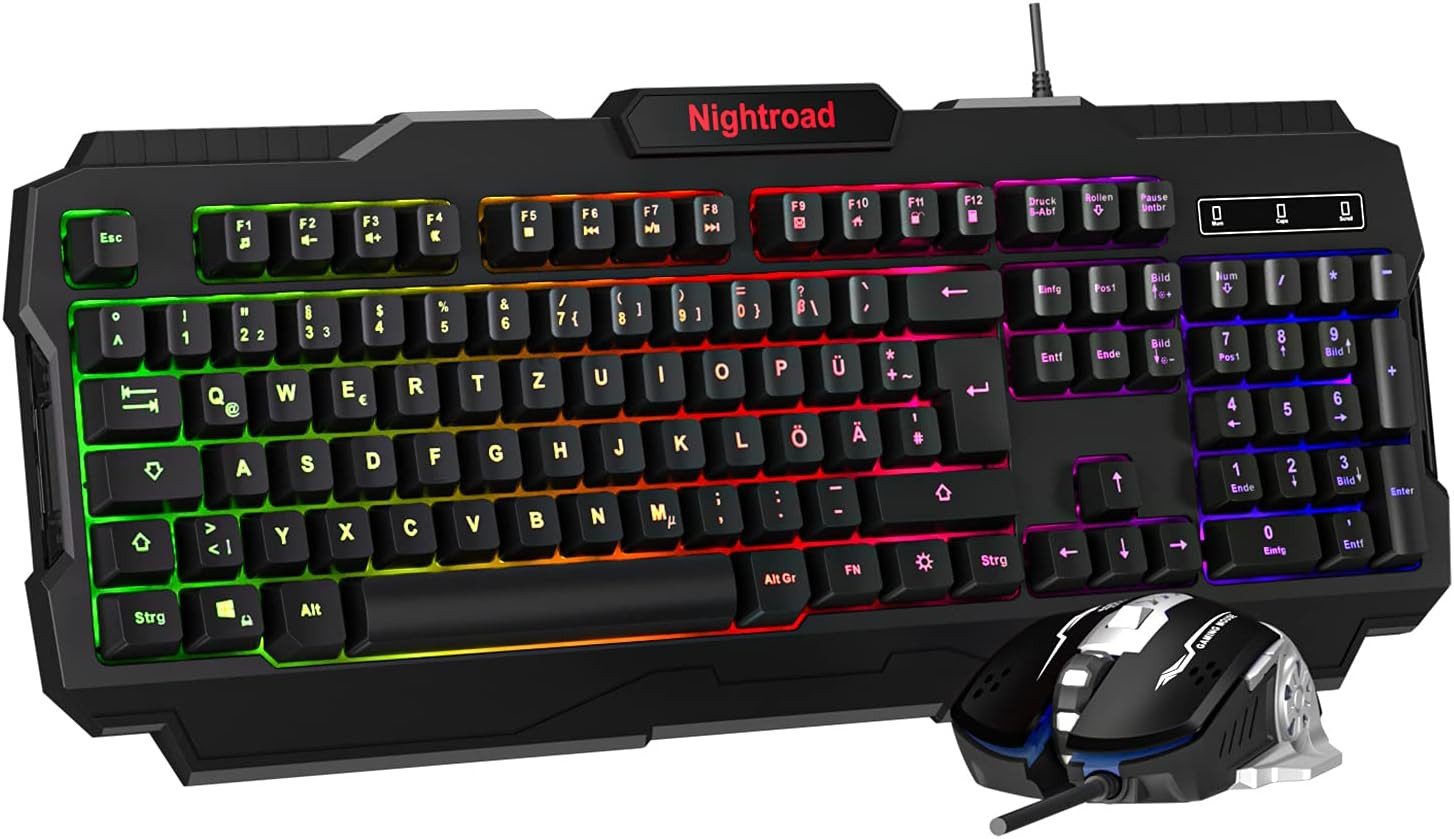 Vivitar Nightroad RGB Beleuchtung, QWERTY, 105 Tasten, Anti-Ghosting Gaming-Tastatur (inkl. RGB Gaming Maus, Kabelgebunden, Blaue Schalter, Ergonomisch)