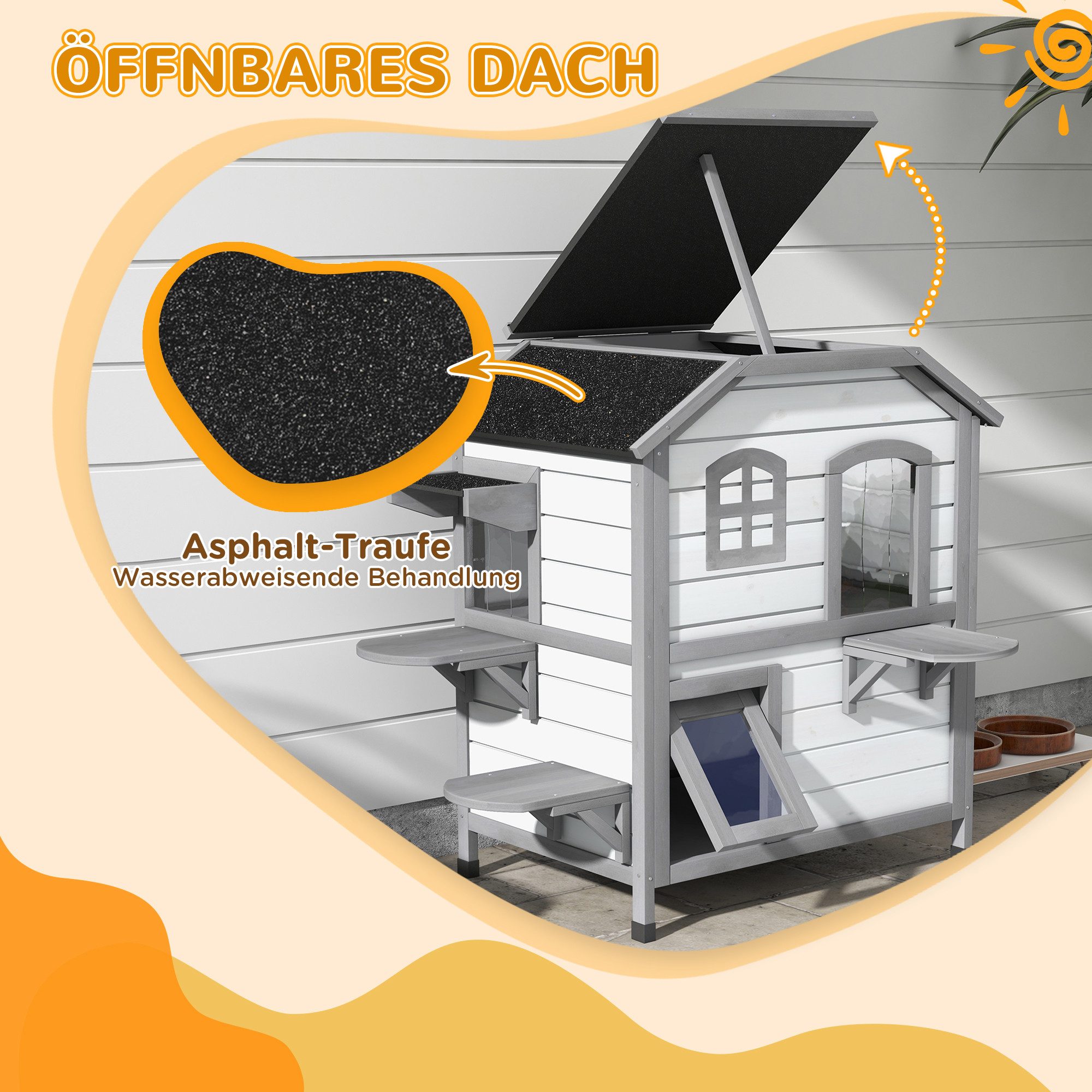 Cetipaw Katzenhaus Katzenhütte Katzenhöhle katzenkratzbaum, 2 Stockwerke, wetterbeständig, große Katzenhäuschen 99,5 cm x 76 cm x 91 cm, Weiß + Grau