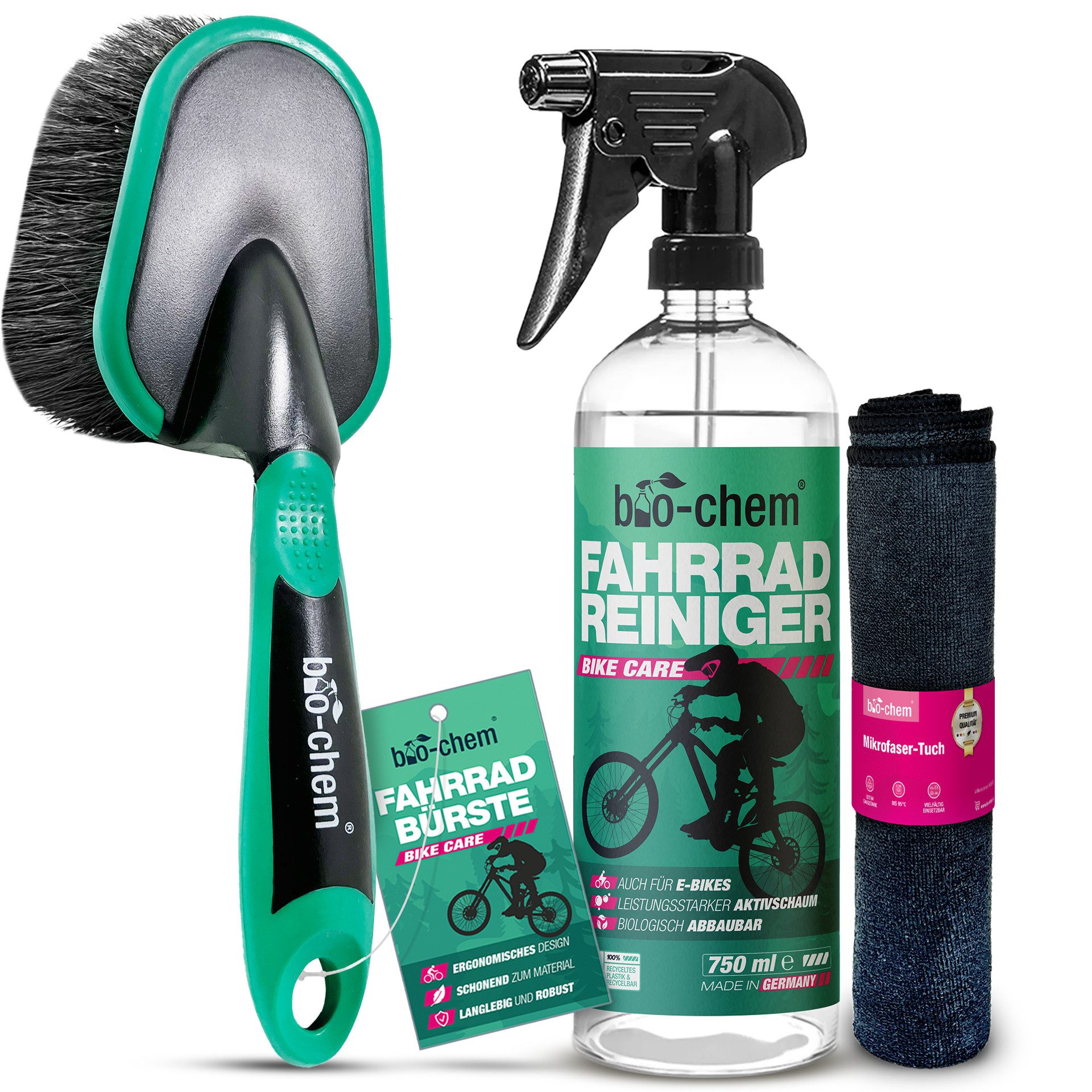 bio-chem Fahrradreiniger - 750 ML inkl. Bürste und Tuch- biologisch abbaubar Zweiradreiniger (Sparpaket, [- Fahrradreiniger 0.75 l Handsprayflasche + Waschhandschuh Biologisch abbaubar & materialschonend)
