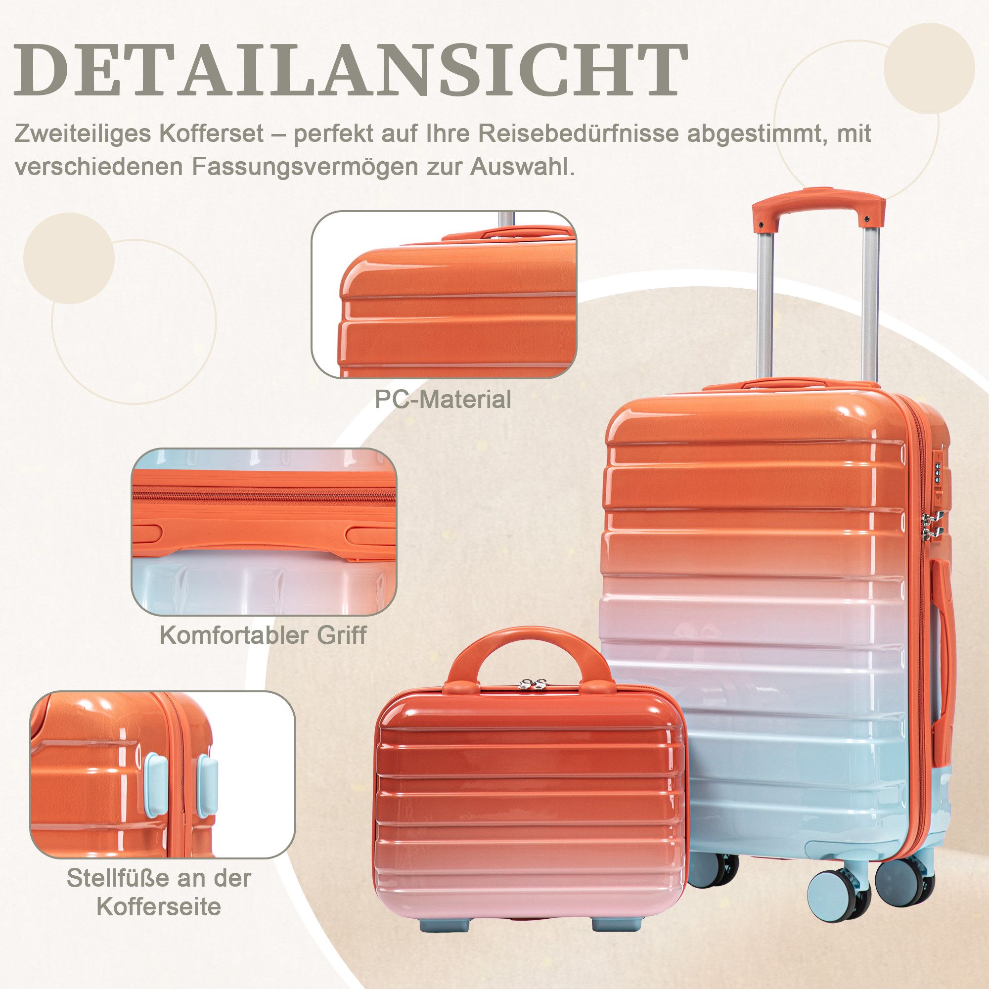 GLP Trolleyset 14"/20"/24"/28" PC-Hartschalen Koffer Set für jede Reise, (Hartschalen-Koffer mit leisen 360° Rädern, 2 tlg., Leicht & strapazierfähig), ergonomischem Teleskopgriff für Reisen & Business