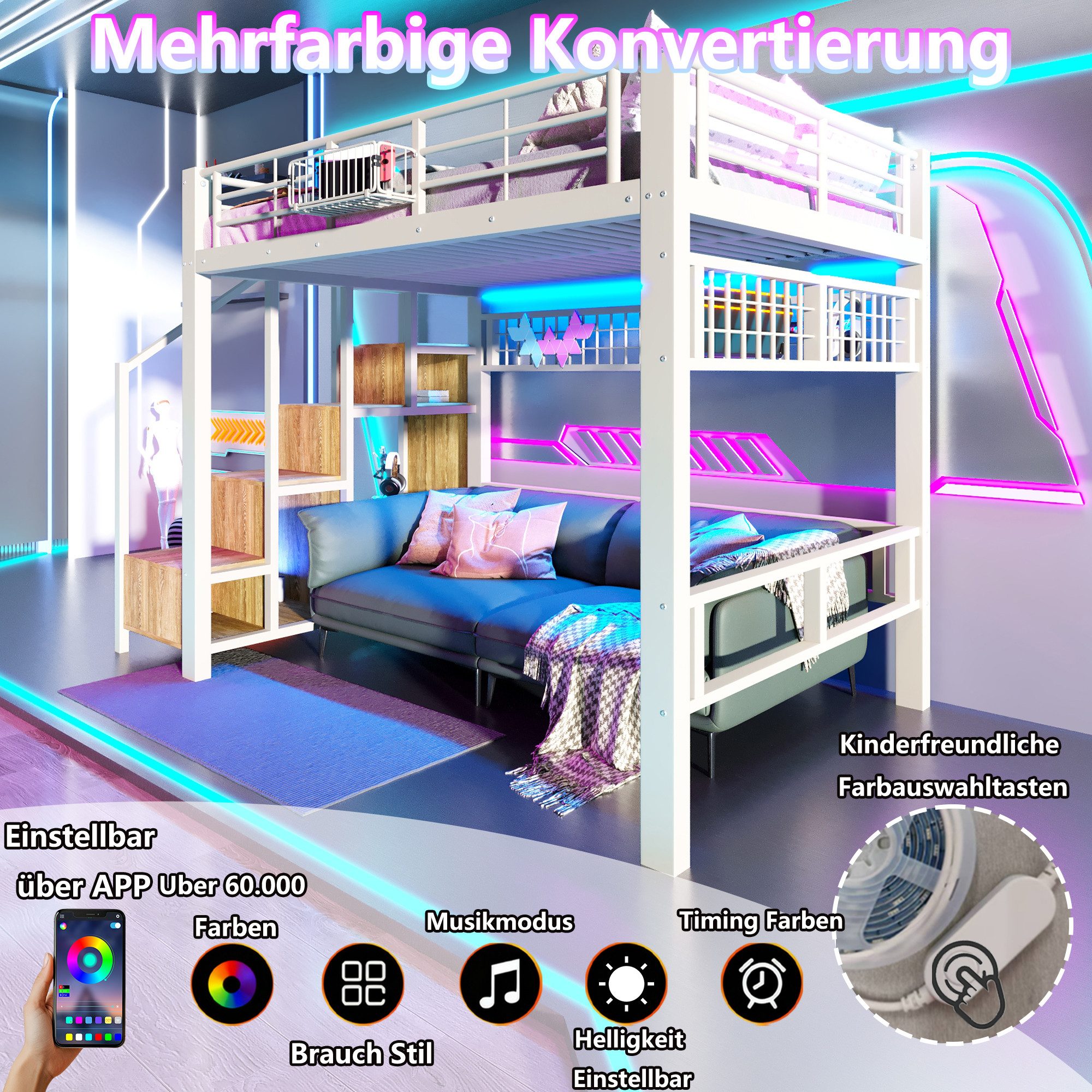 Flieks Hochbett Metallbett 140x200cm mit LED-Lichtleiste Stauraumtreppe Metallgitter