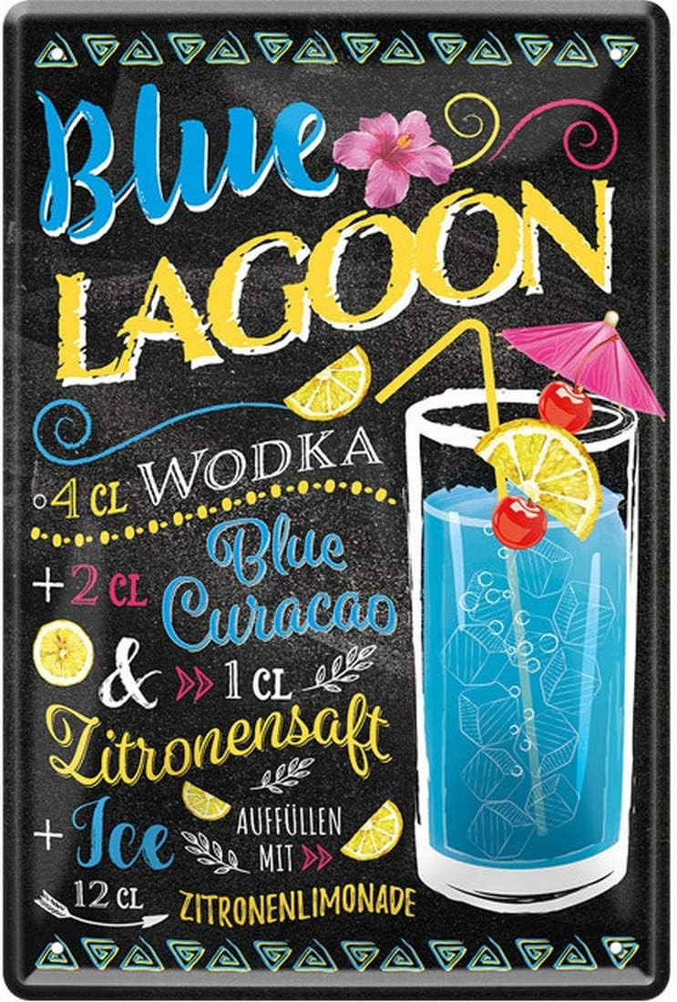WOGEKA ART Metallbild Blue Lagoon - Cocktail Curacao - 20 x 30 cm Retro Blechschild Bar