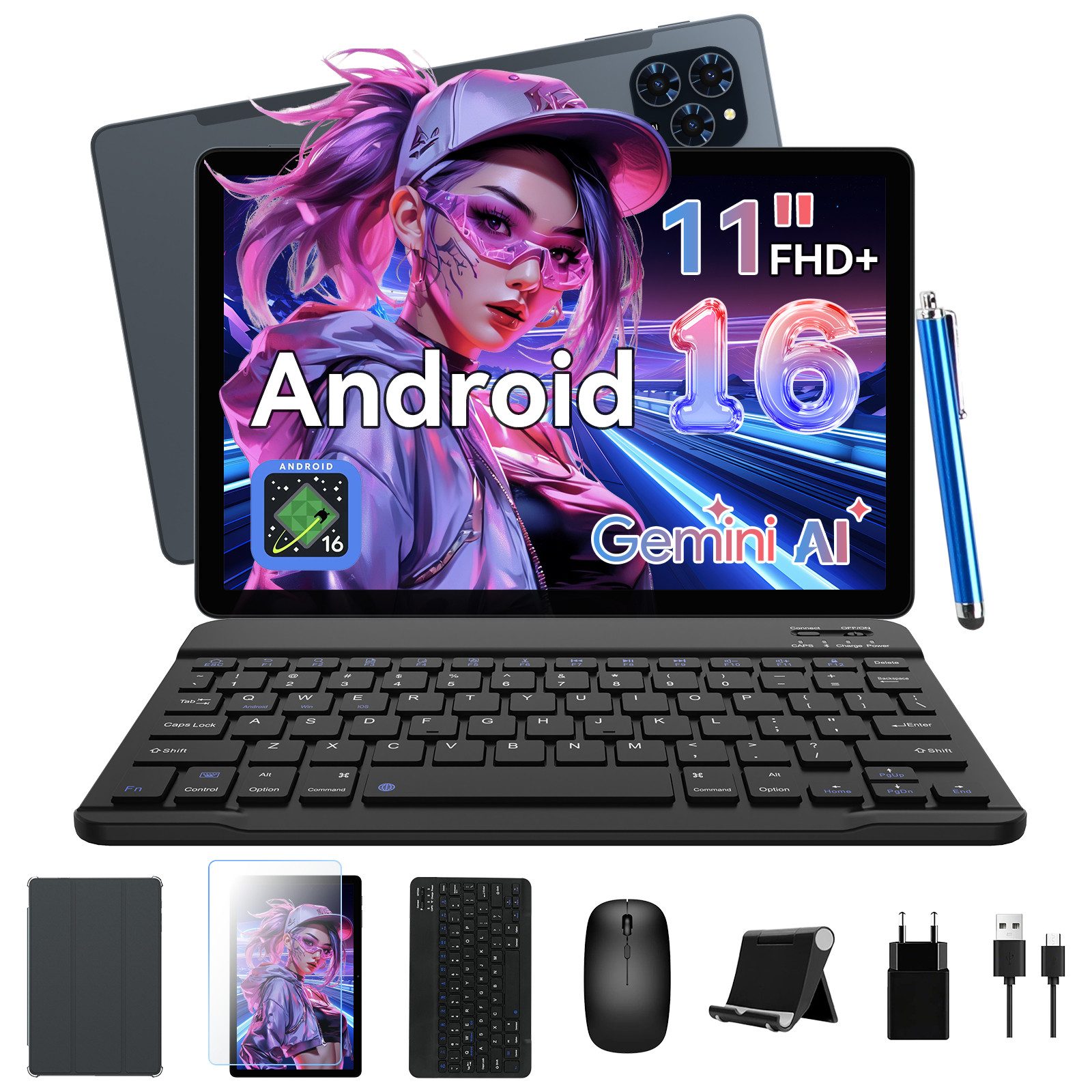 Zenva T90 11 Zoll Android 16 FHD IPS 128GB mit Tastatur Stift Maus Tablet (11", 128 GB, Android 16, FHD Display, Widevine L1, Gemini AI, mit Tastatur/Hülle/Maus) grau