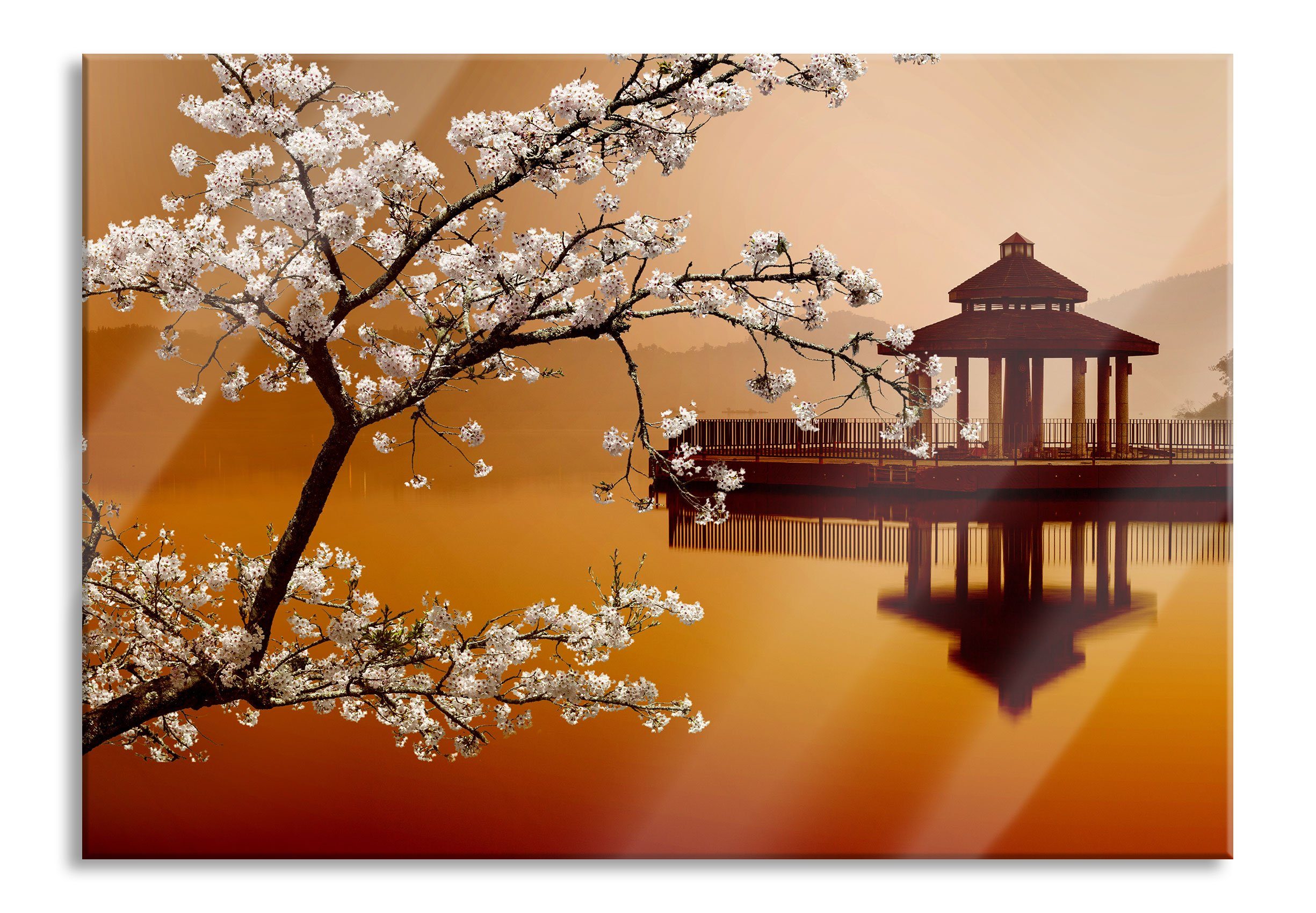 Glasbild Kirschbaum an See