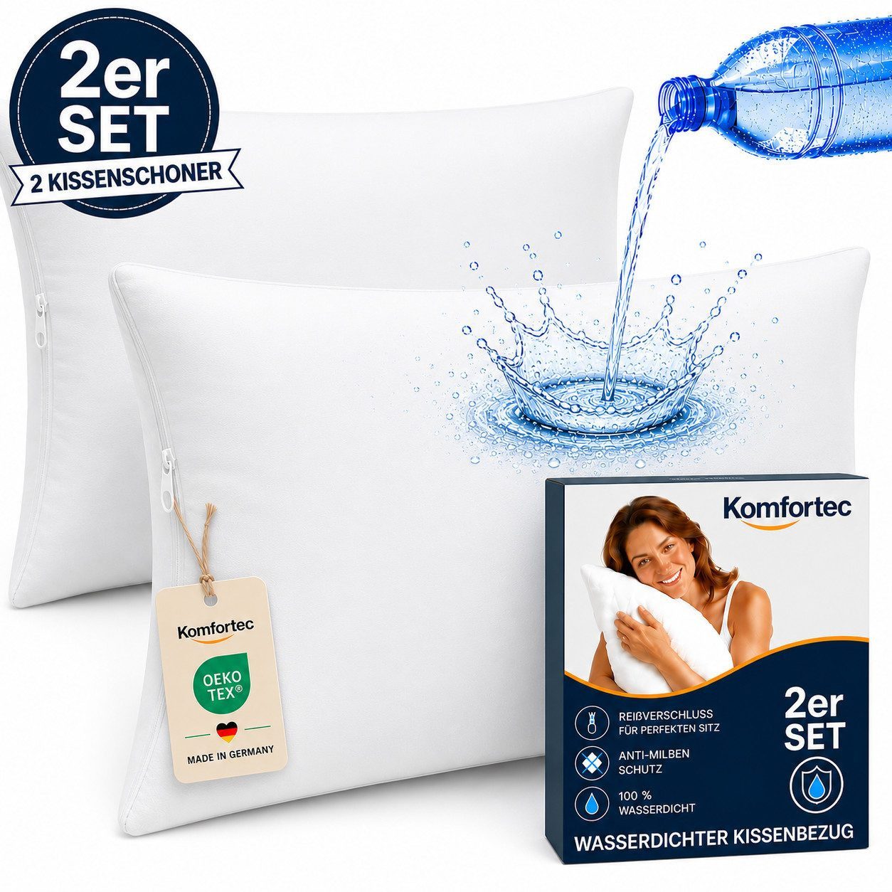 Komfortec Kissenbezüge Wasserdichter Kissenbezug Set, Hypoallergen Kopfkissenbezüge, (2 Stück), 40x60 cm mit Reißverschluss, Atmungsaktiv, Anti-Milben Kissenschoner