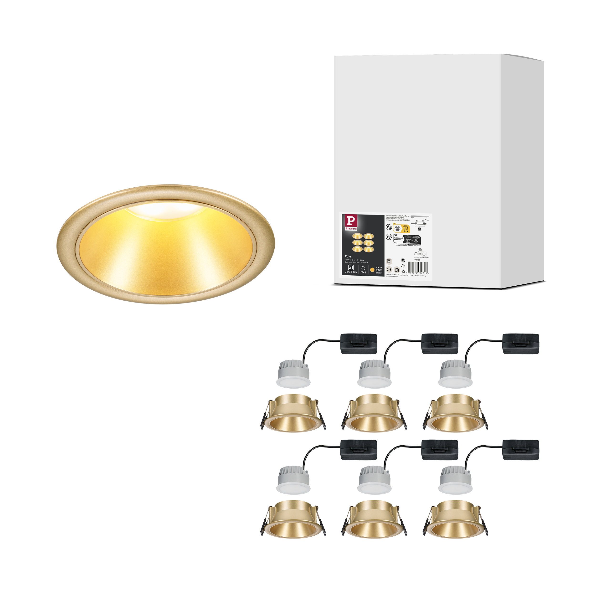 Paulmann LED Einbauleuchte LED Einbauleuchte 3-Step-Dim Cole Coin 6er-Set IP44 rund 88 mm Coin 6x
