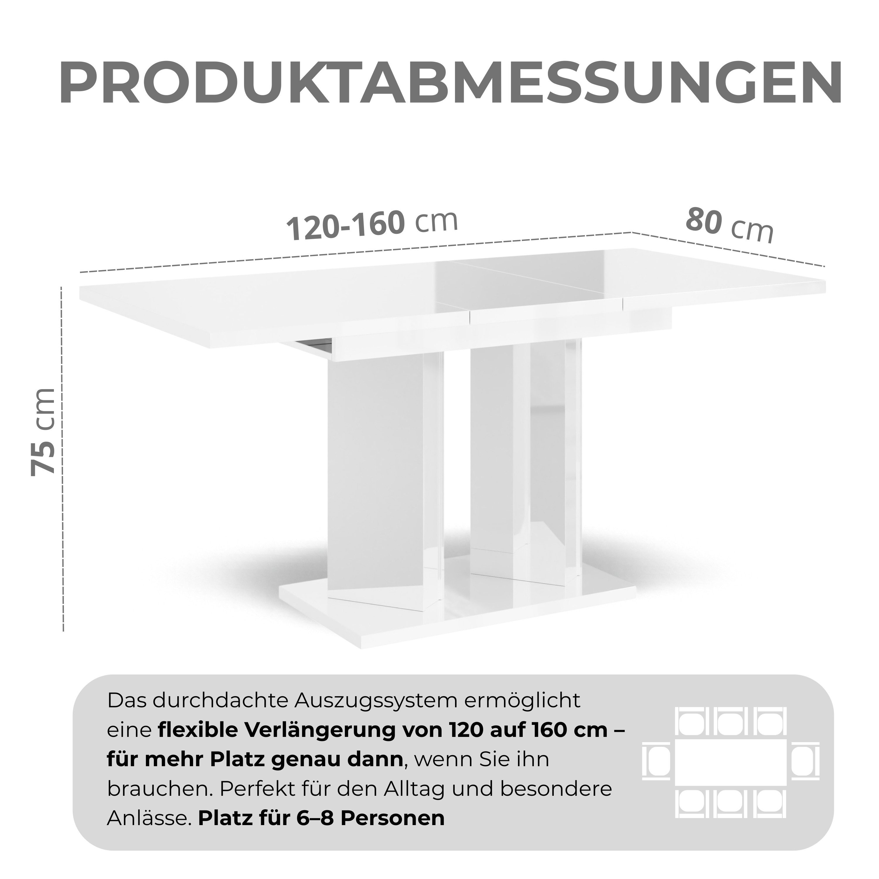 Home Collective Esstisch ausziehbar Tisch Küchentisch Esszimmertisch Ausziehtisch (Esszimmer Küche Wohnzimmer Esstisch erweiterbar), modernes Design Doppel-Säul – Bild 3 von 5
