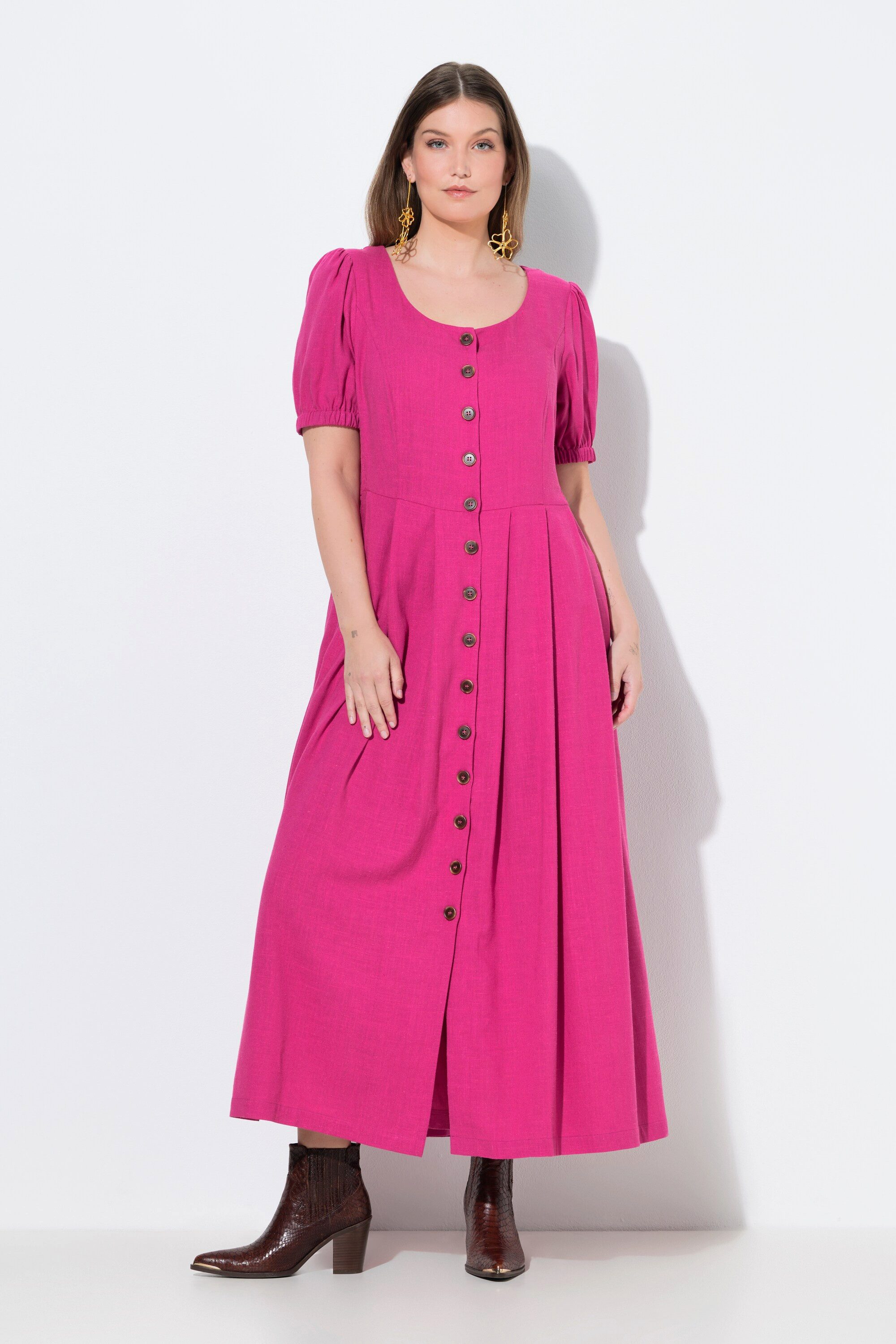 Ulla Popken Dirndl Maxikleid Smokeinsätze Rundhals Halbarm Leinenmix