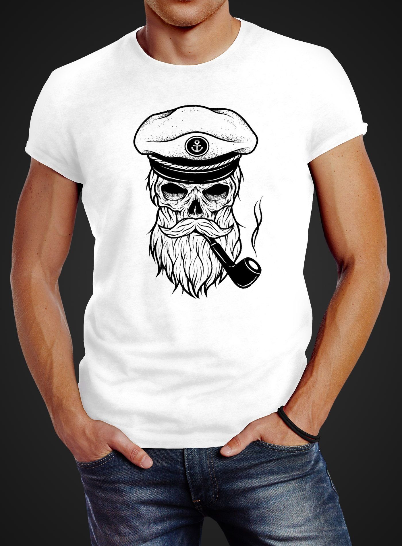 Slim Neverless Captain Print Hipster mit Neverless® Fit T-Shirt Herren Skull Totenkopf Kapitän Print-Shirt weiß