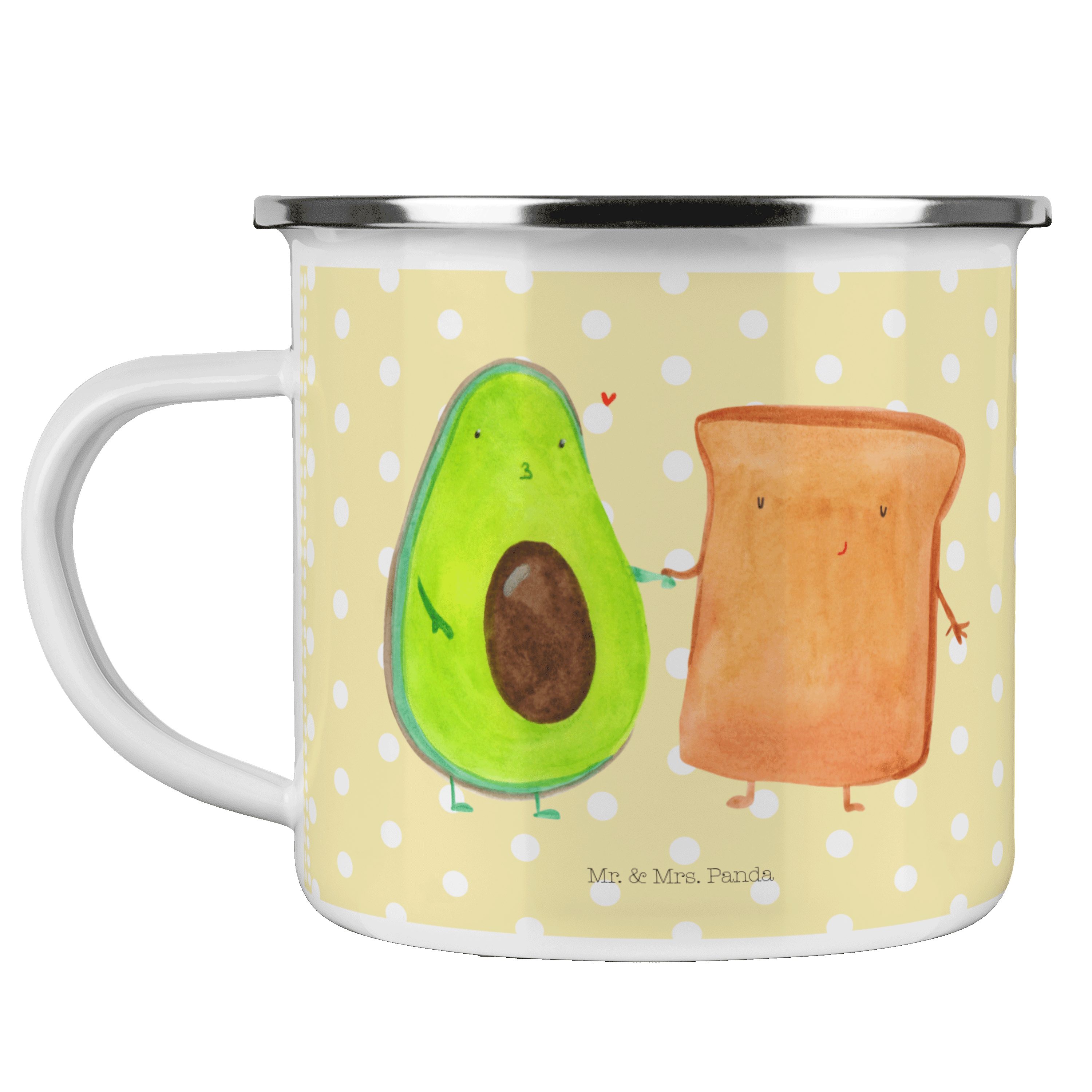 Mr. & Mrs. Panda Becher Avocado + Toast - Gelb Pastell - Geschenk, Toastbrot, Emaille Trinkbe, Emaille