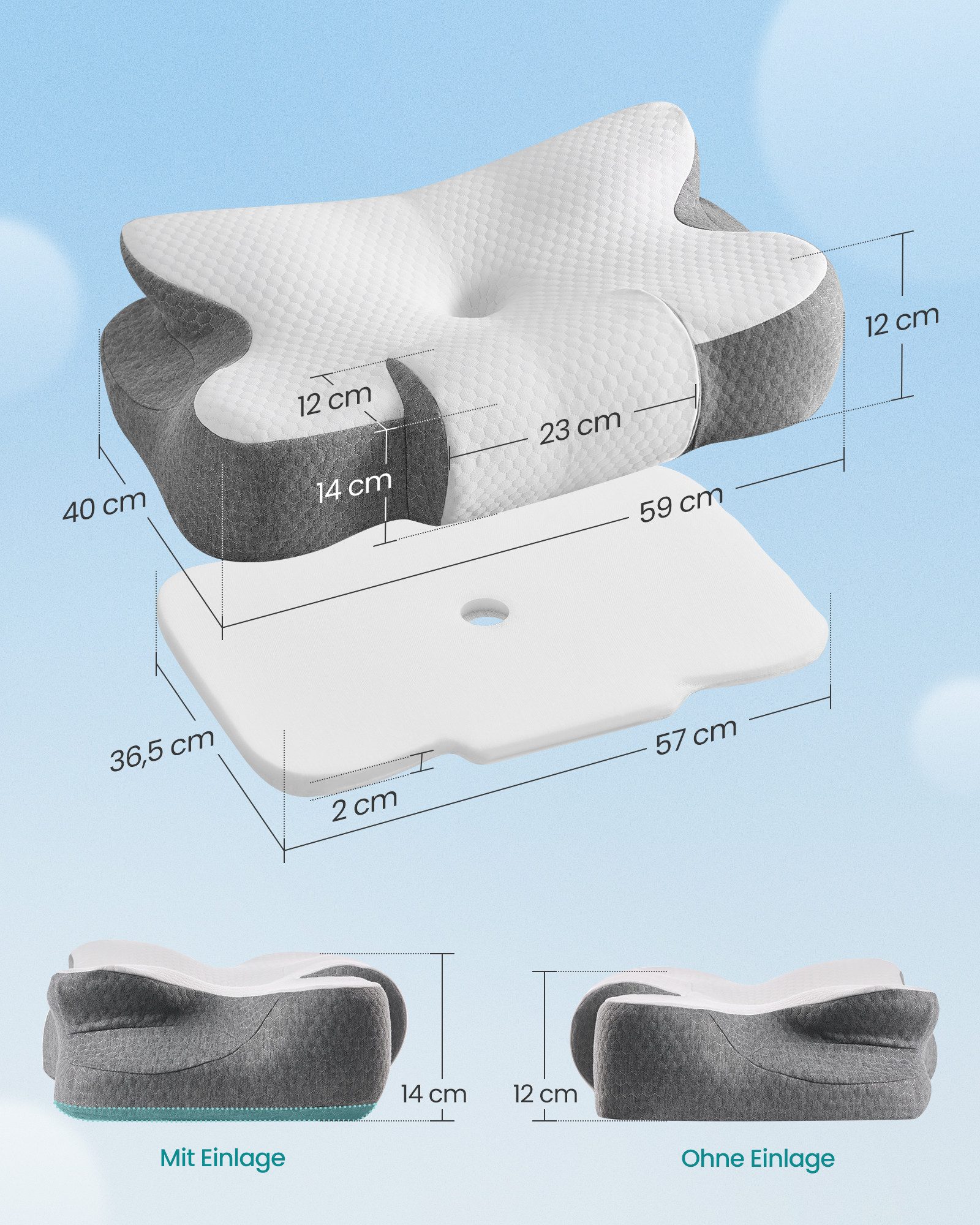 SONGMICS Nackenstützkissen, Kopfkissen, höhenverstellbar, Memory Foam für Seiten- & Bauchschlaf