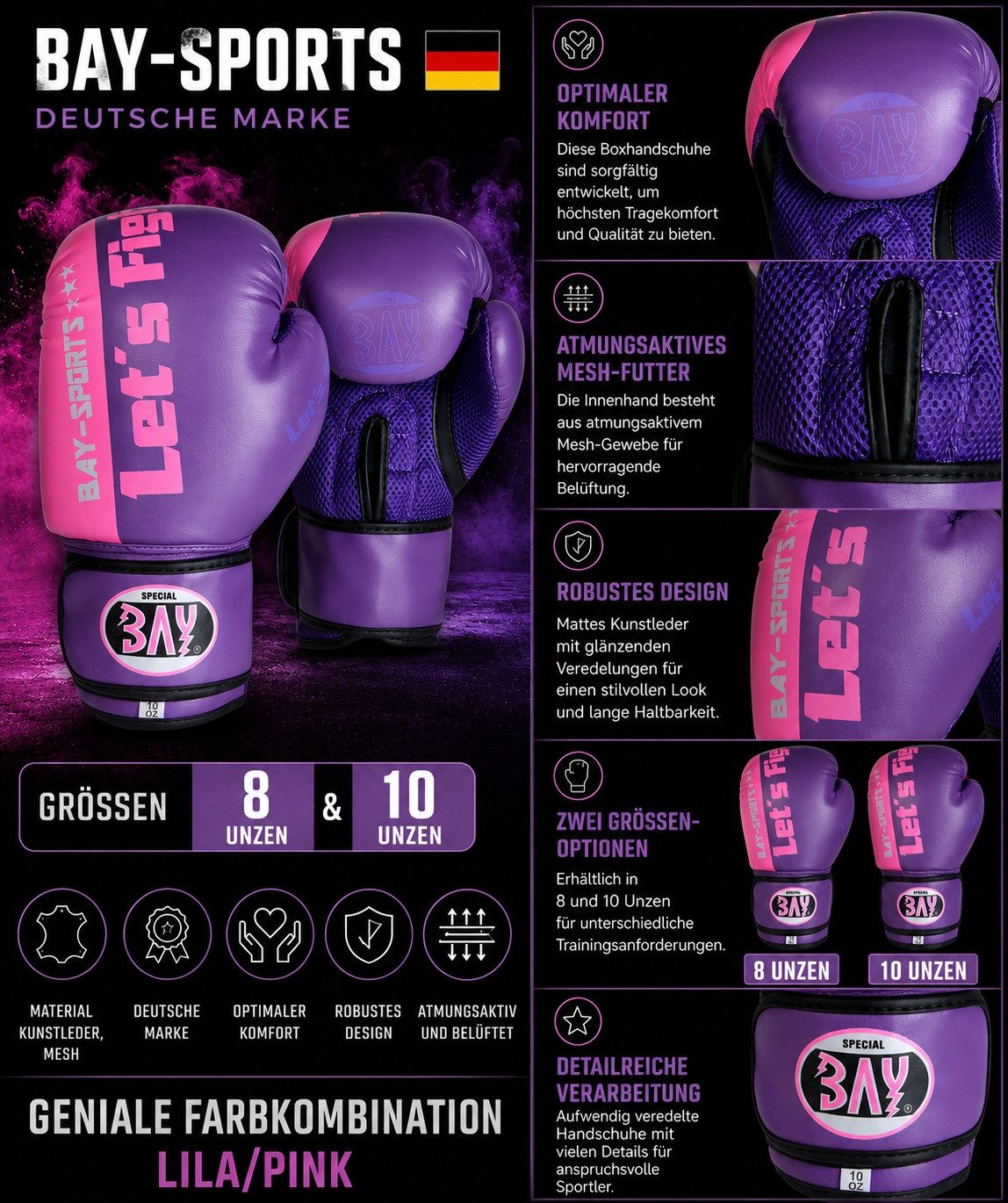BAY-Sports Boxhandschuhe Let´s Fight Damen Edition lila violett pink rosa Box-Handschuhe Boxen (Paar, Klettverschluss), 8 und 10 Unzen, Kinder und Erwachsene